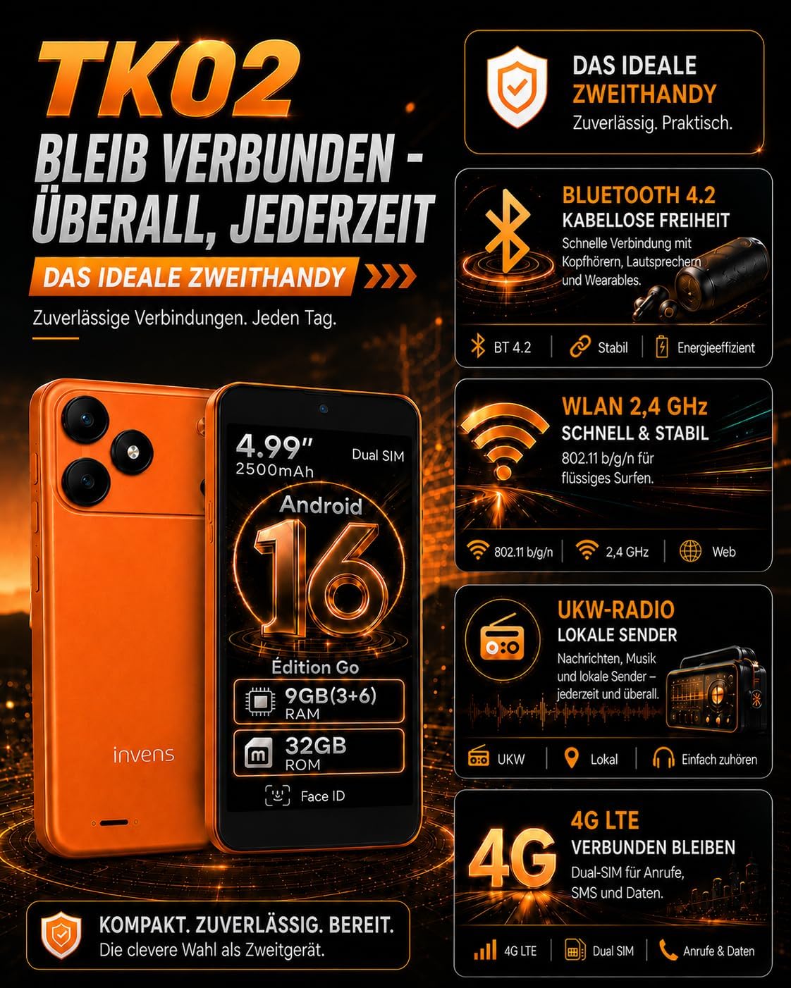 invens TK02 Handy ohne Vertrag, Android 16 Go, 5,0 Zoll Mini 4G – Bild 6