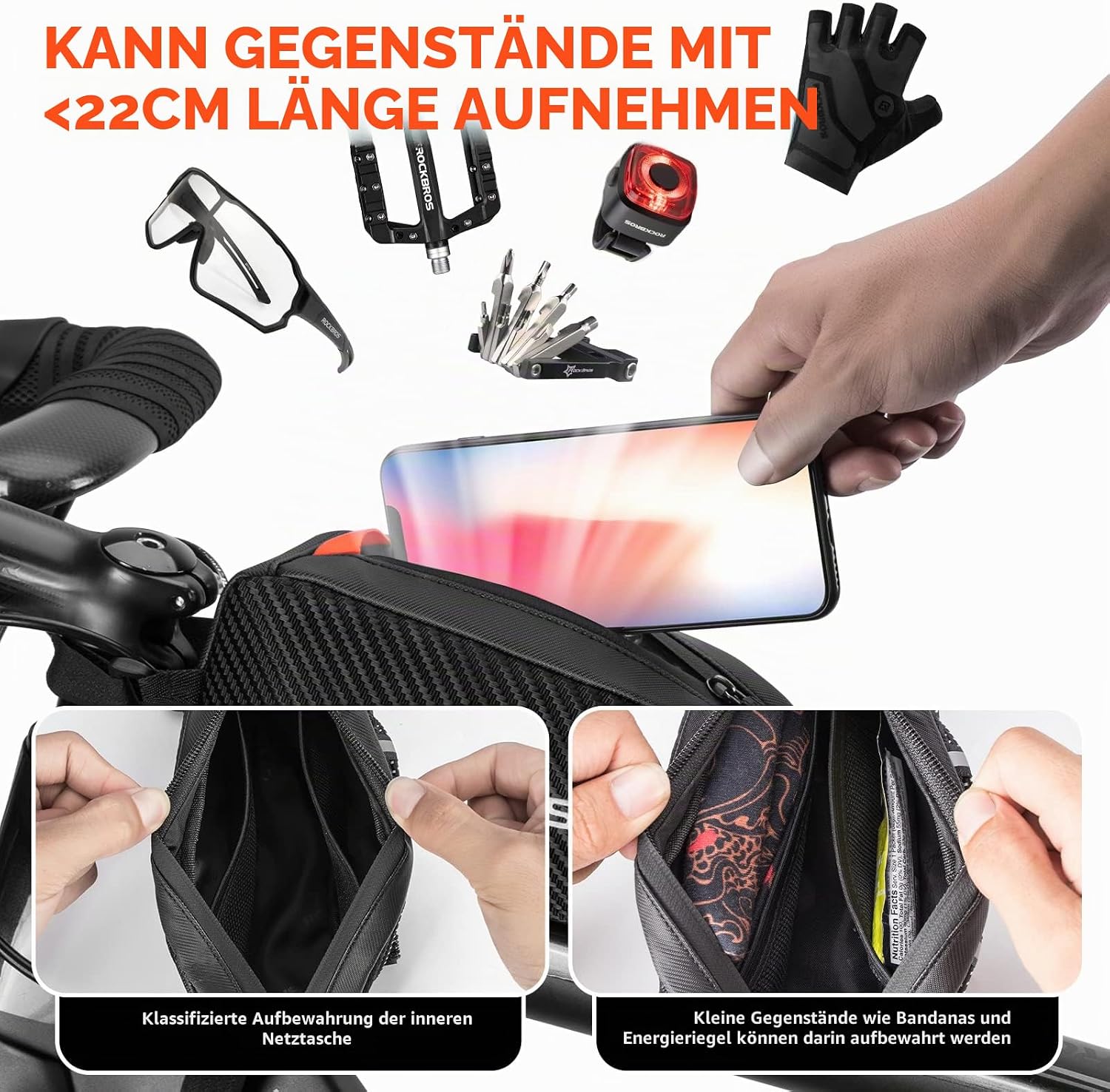 Rockbros Rahmentasche für Fahrradrahmen, Oberrohrtasche, ca. 1 L 22 x 10 x 5,5 cm für iPhone X/Xs Max/XR 7/8 Plus – Bild 3