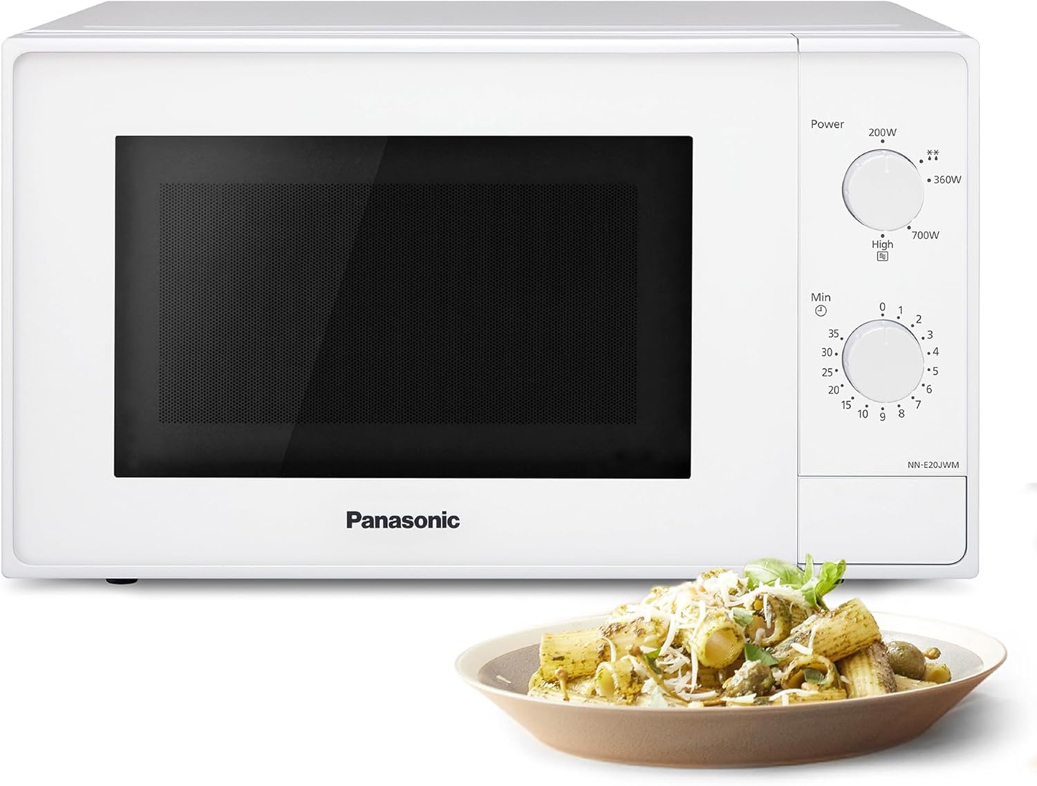 Panasonic NN-E20JWMEBG Mikrowelle mit Glasplatte, 20 l, 800 W, Auftaufunktion, 5 Leistungsstufen, Timer, weiß, Modell 2025