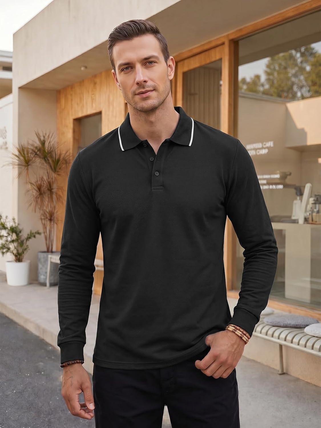 Runcati Herren-Poloshirts mit langen Ärmeln, einfarbig, leichte Oberteile – Bild 2