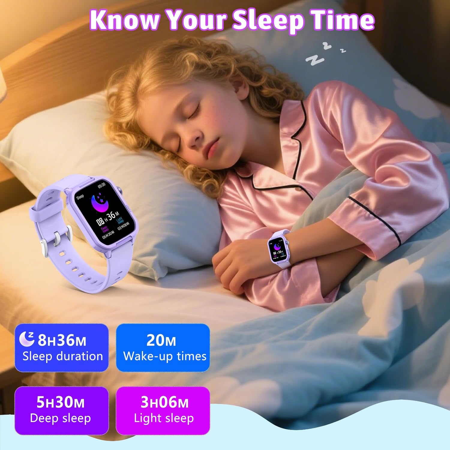 Smartwatch Kinder Fitness Tracker Uhr Digitale Fitnessuhr mit Schrittzähler, 24/7 Puls, IP68 Wasserdicht, Schlafmonitor, Wecker, Geschenk für Kinder Mädchen Jungen 6-16 (Lila) – Bild 7