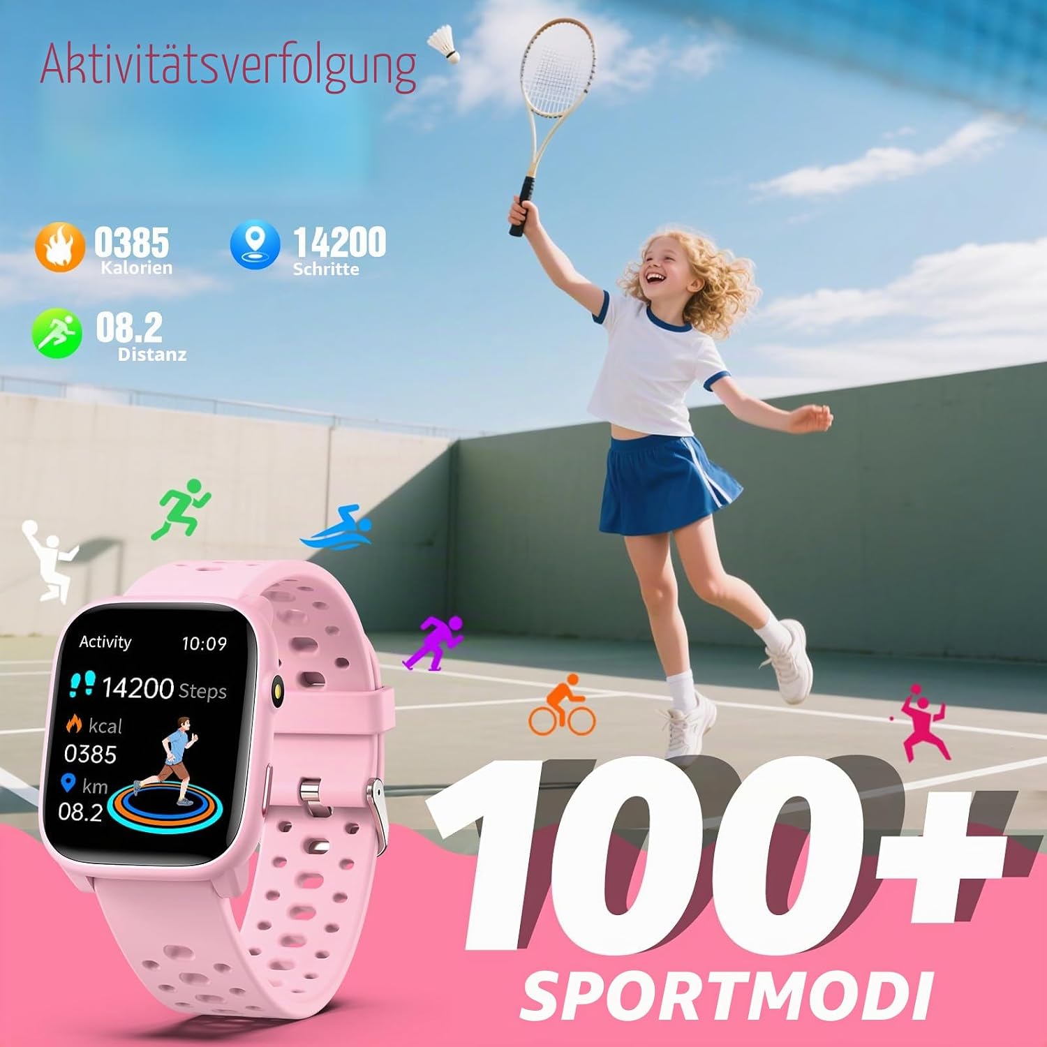 Kinder-Smartwatch für Mädchen und Jungen, IP68 wasserdichte Fitness-Aktivitäts-Tracker-Uhr, Herzfrequenz-Schlafmonitor, 100+ Sportmodi, Schrittzähler, Wecker, Kindergeschenke für Teenager ab 5 Jahren – Bild 3