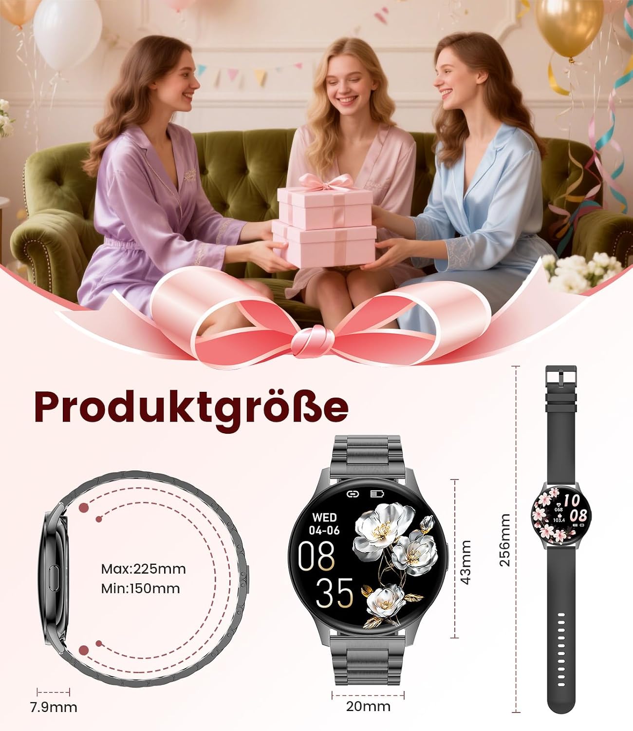 Damen Smartwatch (2 Armbänder), Premium Metallarmband, 1,43 Zoll HD AMOLED Display, 120+ Sportmodi, Fitnessuhr mit Schlaftracking, Telefonfunktion, Uhr für iOS Android, Schwarz – Bild 9
