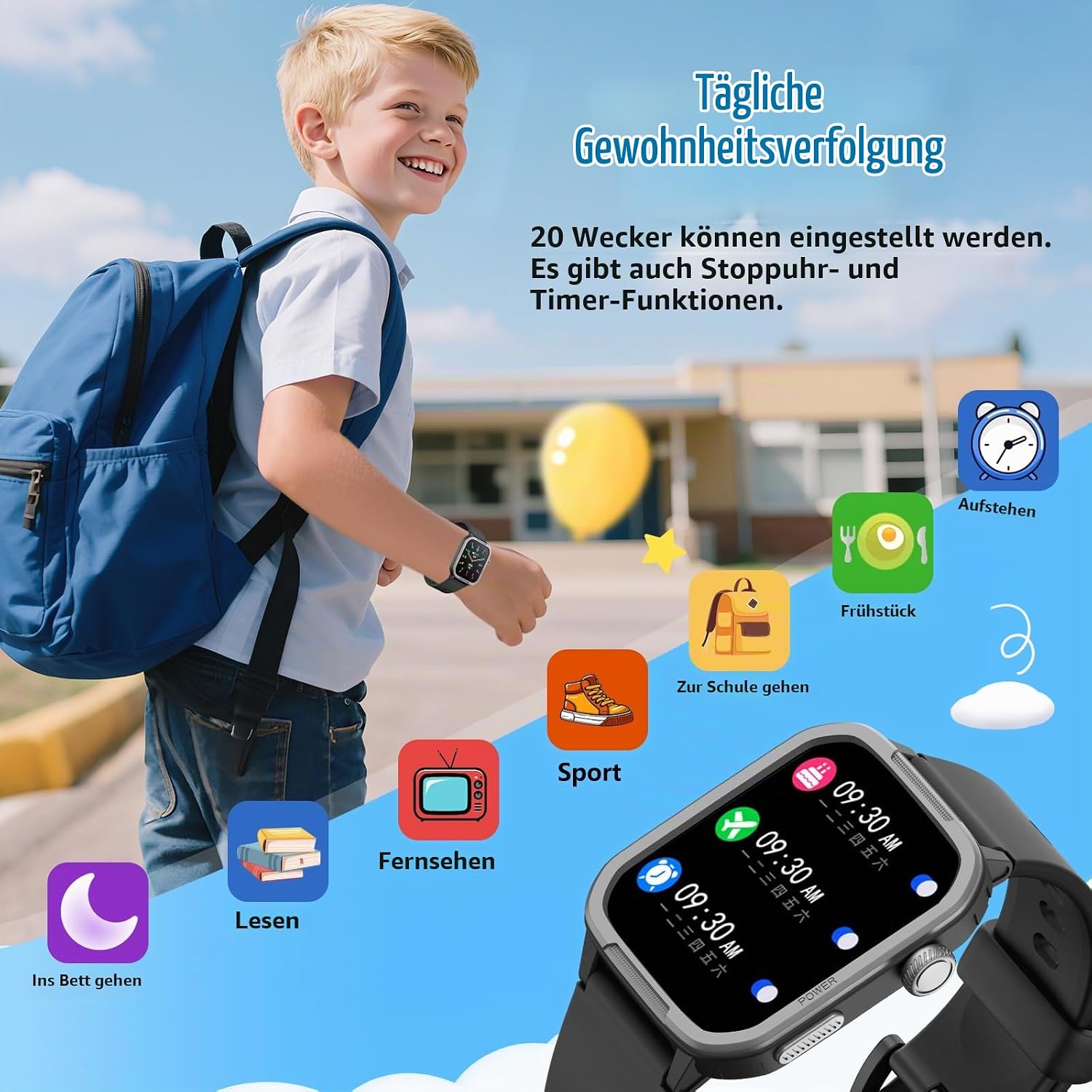 Smartwatch Kinder Fitness Tracker Uhr Digitale Fitnessuhr mit Schrittzähler, 24/7 Puls, IP68 Wasserdicht, Schlafmonitor, Wecker, Geschenk für Kinder Mädchen Jungen 6-16 (Schwarz) – Bild 6