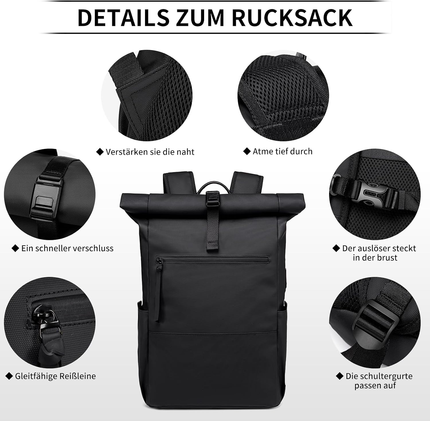 Rolltop Rucksack Herren Wasserdichter Laptop Rucksack 16 Zoll – Bild 4