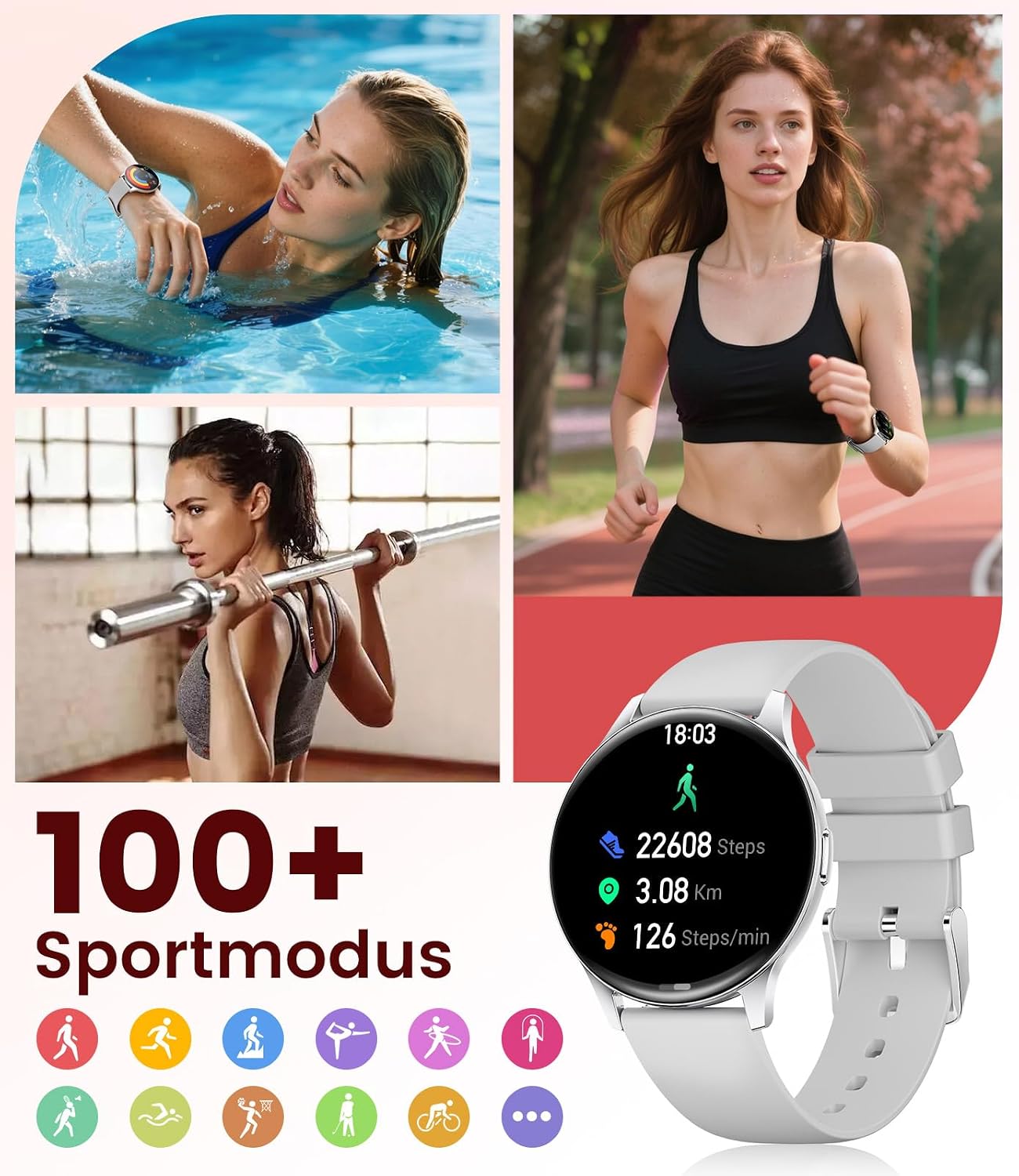 Damen Smartwatch (2 Armbänder), Premium Metallarmband, 1,43 Zoll HD AMOLED Display, 120+ Sportmodi, Fitnessuhr mit Schlaftracking, Telefonfunktion, Uhr für iOS Android, Silber – Bild 5
