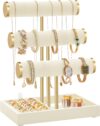 SONGMICS Samttabletts mit 3 Ebenen, Cremeweiß und Hellgold, Schmuckständer, Armbandständer, abnehmbarer Halter JJS027W101
