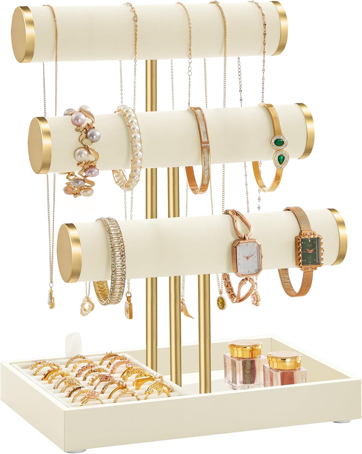 SONGMICS Samttabletts mit 3 Ebenen, Cremeweiß und Hellgold, Schmuckständer, Armbandständer, abnehmbarer Halter JJS027W101