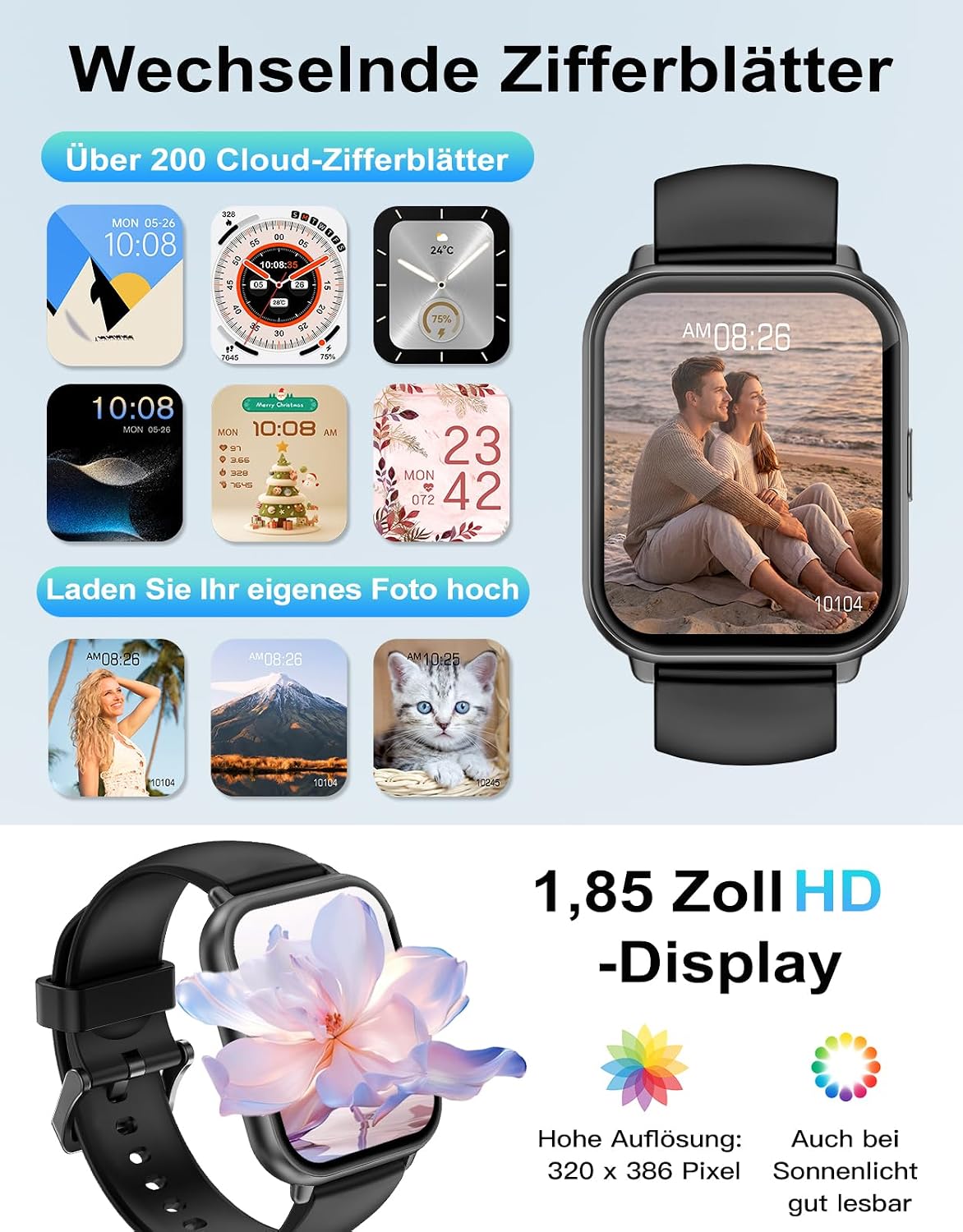 Smartwatch mit Telefonfunktion, Smartwatch für Damen und Herren, 1,85 Zoll HD – Bild 6