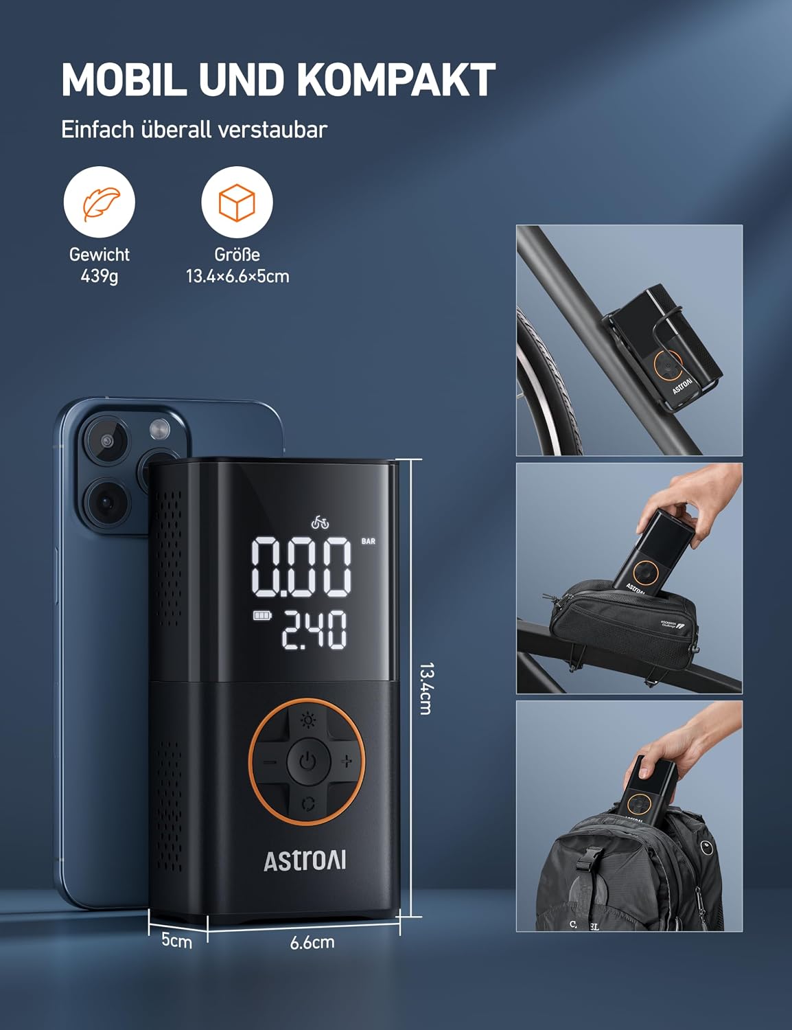 AstroAI Wireless Electric Air Pump, Portable Battery Bicycle Pump with All Valves, LED Light, Rechargeable Tyre Pump for Bicycle, E-Bike, Car, Motorcycle, Balls – Bild 4