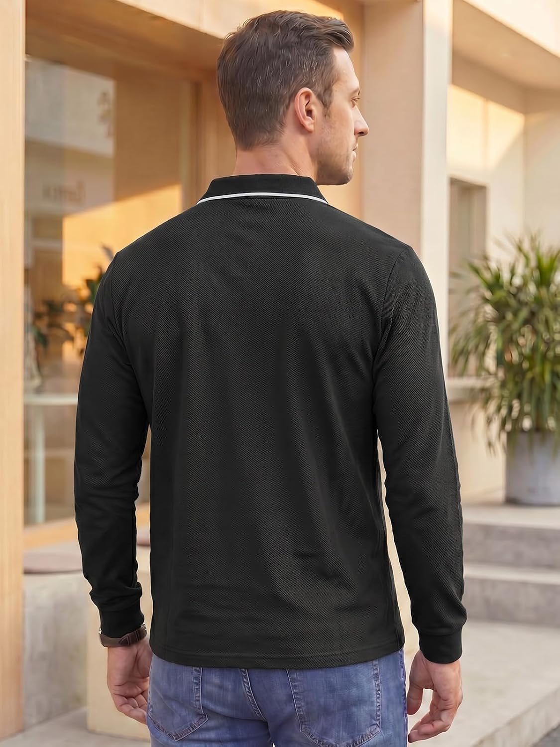 Runcati Herren-Poloshirts mit langen Ärmeln, einfarbig, leichte Oberteile – Bild 4