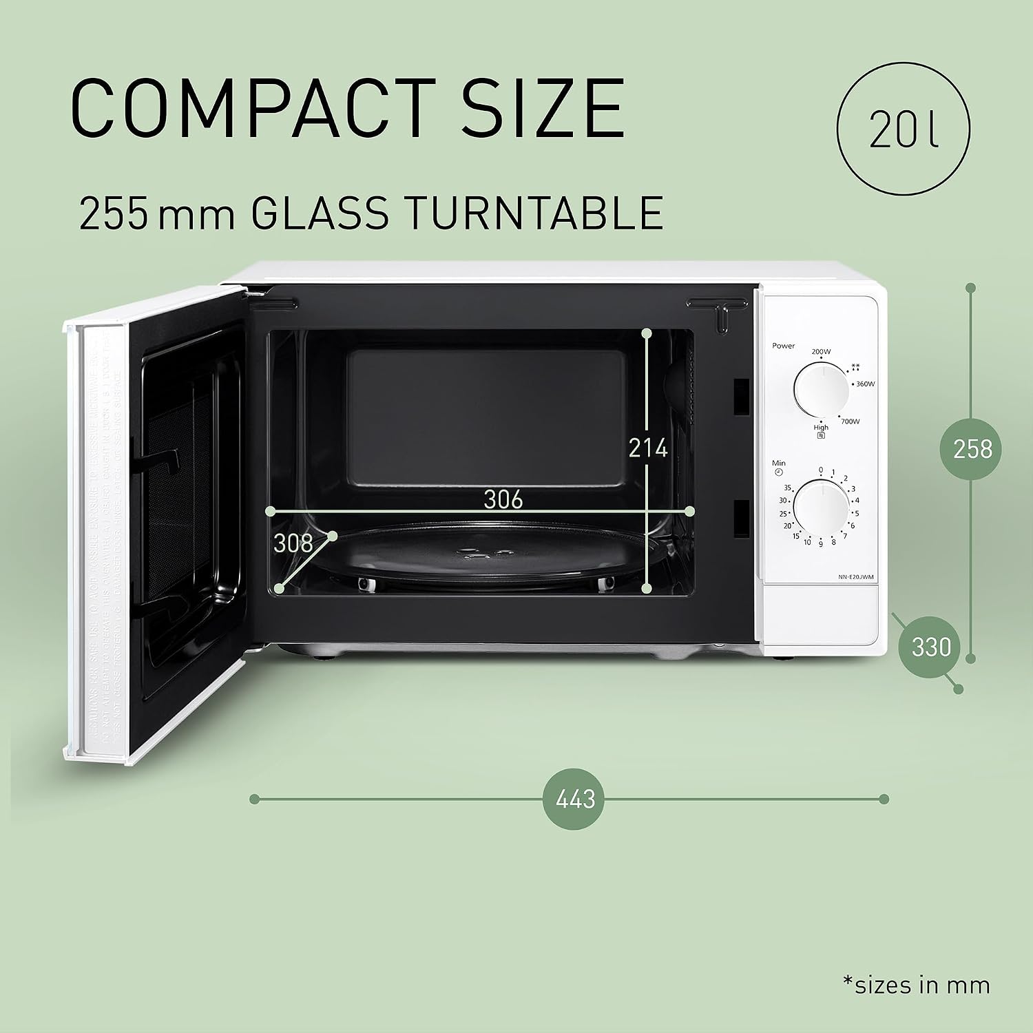Panasonic NN-E20JWMEBG Mikrowelle mit Glasplatte, 20 l, 800 W, Auftaufunktion, 5 Leistungsstufen, Timer, weiß, Modell 2025 – Bild 3