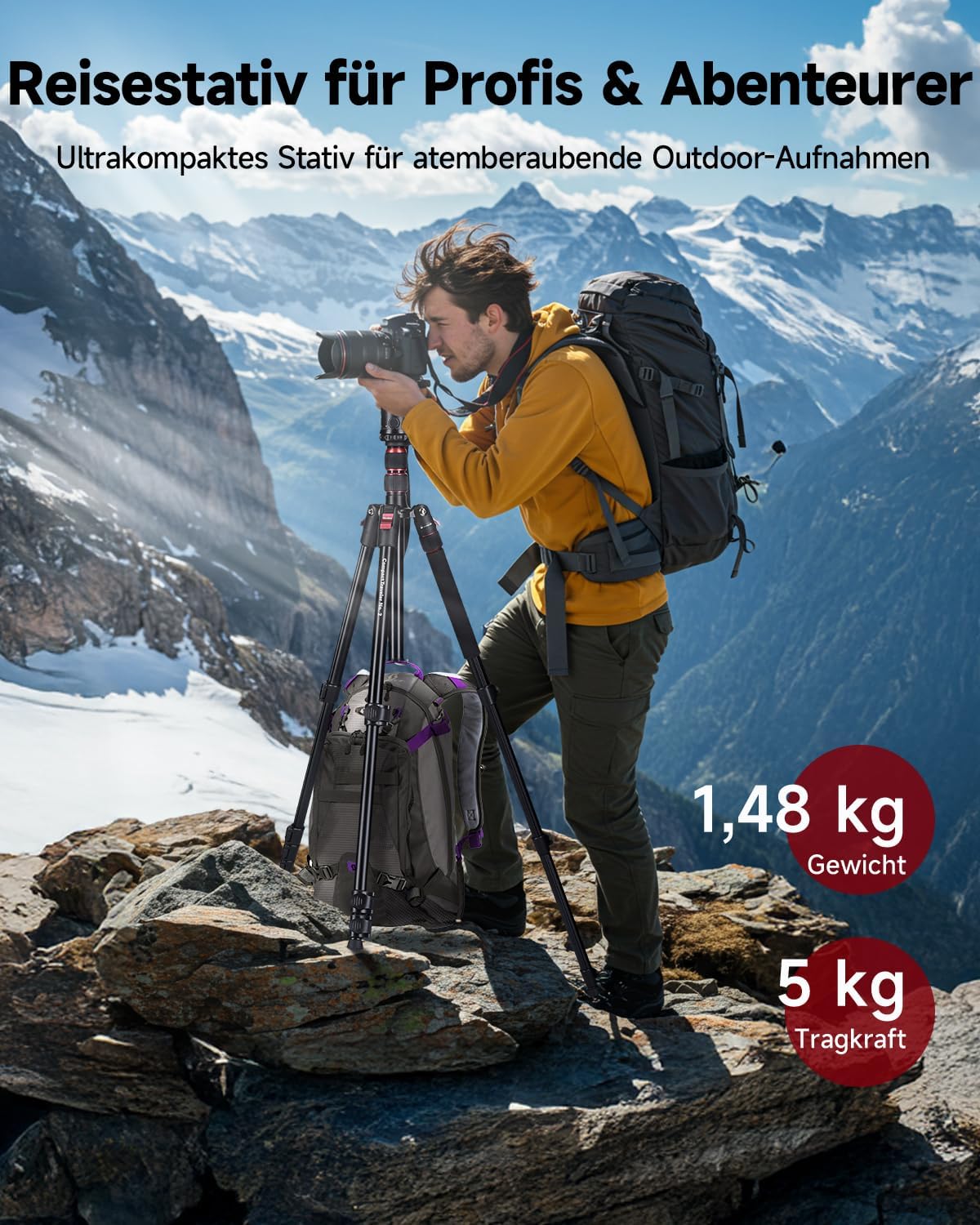 Rollei Compact Traveller No.2 Stativkamera 180 cm Aluminium Schwarz Rot – Bild 7