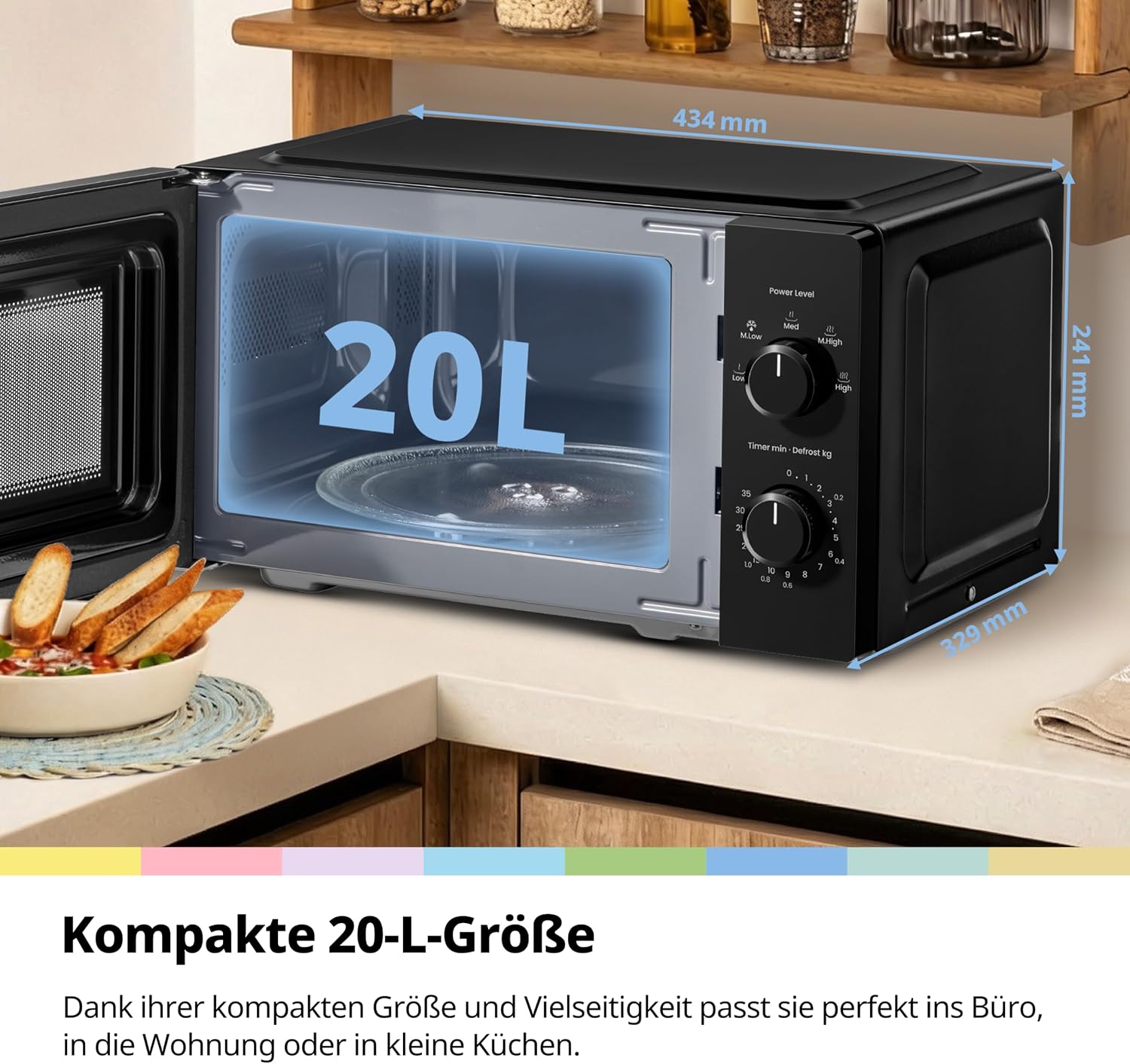 COMFEE Mikrowelle CMO-MM20L2NFPE(BK), Schwarz, 20 Liter, 700 W, 5 Leistungsstufen, schnelles Auftauen, einfache Reinigung, manueller Timer, kompaktes Design, ideal für kleine Küchen – Bild 3