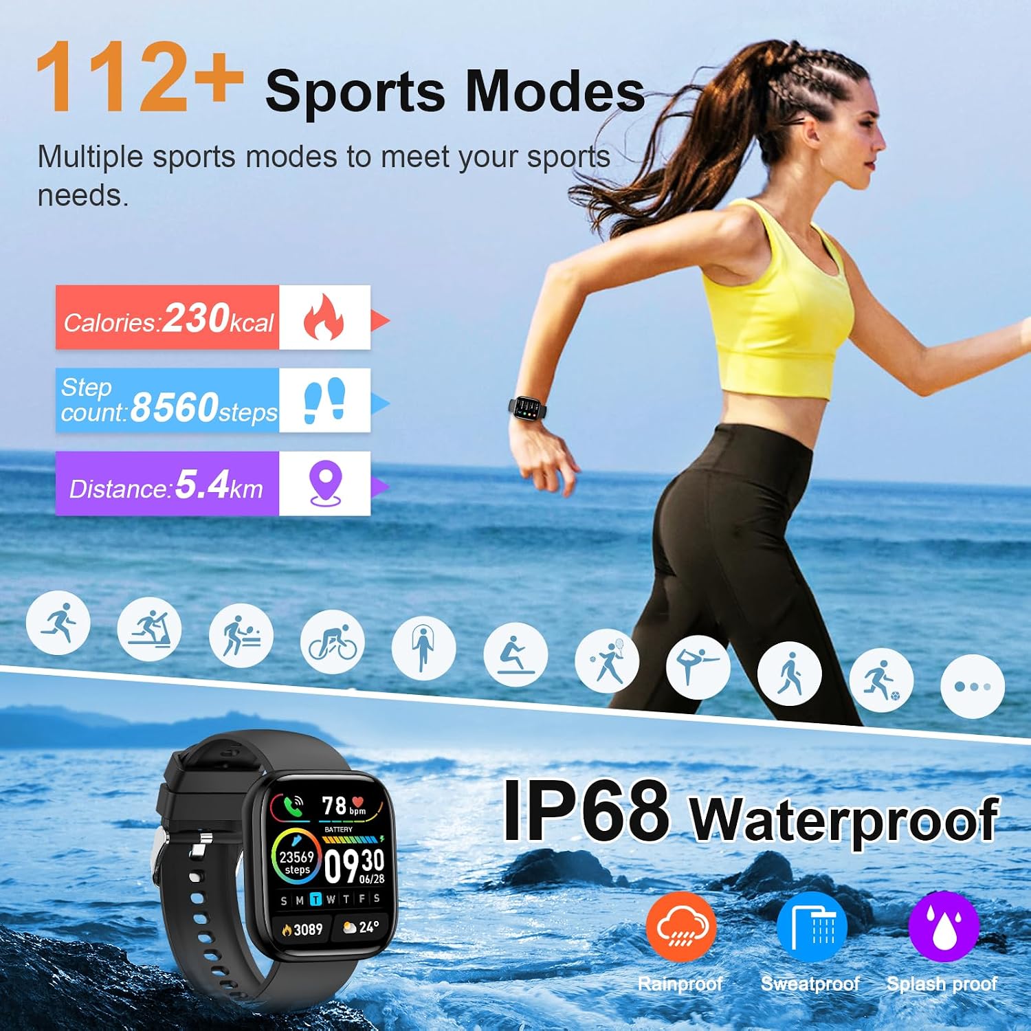 2026 Smartwatch Herren Damen 1,85 Zoll HD Touchscreen Smartwatch mit Telefonfunktion, 112+ Sportmodi Fitness-Tracker, IP68 wasserdichte Sportuhr mit Herzfrequenzmesser Schrittzähler für iOS Android – Bild 4