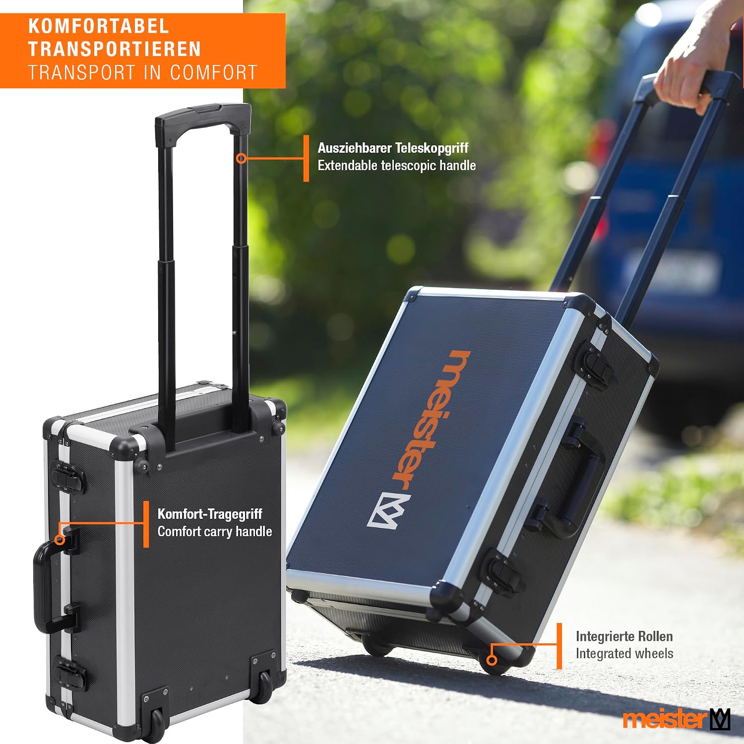 Meister Werkzeugwagen 156-teilig - Werkzeugset - mit Rollen - Teleskopgriff / Profi-Werkzeugkoffer gefüllt / Werkzeugkoffer fahrbar auf Rollen / Werkzeugkoffer komplett mit Werkzeugen / 8971440 – Bild 3