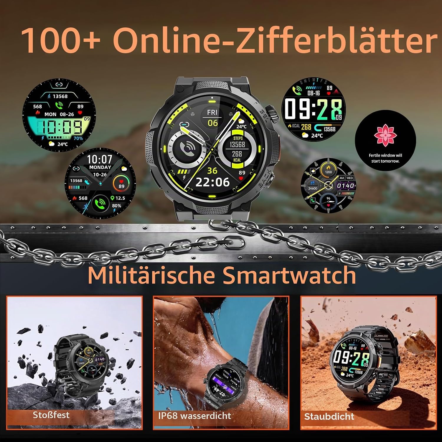 Soudorv Herren Smartwatch 1000 mAh Smartwatch mit Telefonfunktion, Militär – Bild 6