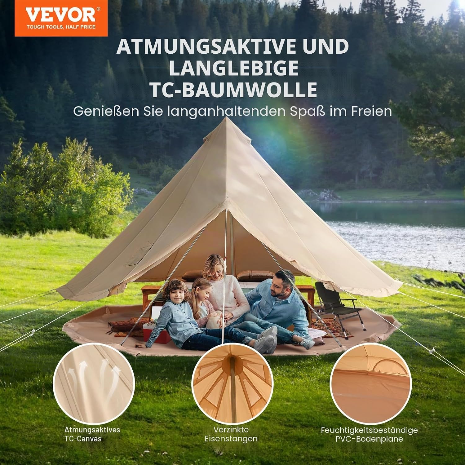 VEVOR Zeltglocke aus Segeltuch, Jurte 4 Jahreszeiten für Camping mit Herdwagenheber, atmungsaktiv hält bis zu 4 Personen, Familiencamping Outdoor Jagd Party – Bild 2