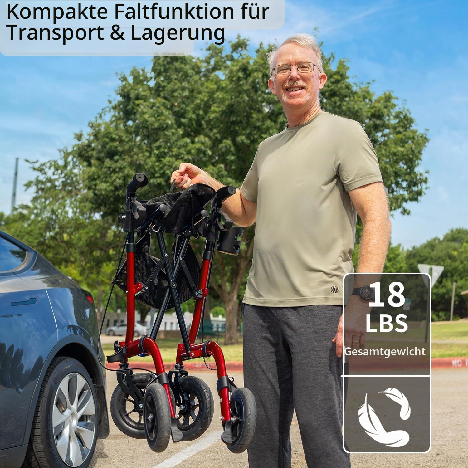 Klappbarer Rollator mit Sitzpolster, Einkaufstasche und Stockhalter – höhenverstellbar, leicht und schlank für Senioren – Gehhilfe mit Bremse, 10 Zoll/8 Zoll All-Terrain-Räder, Aluminium, Schwarz (Rot) – Bild 3
