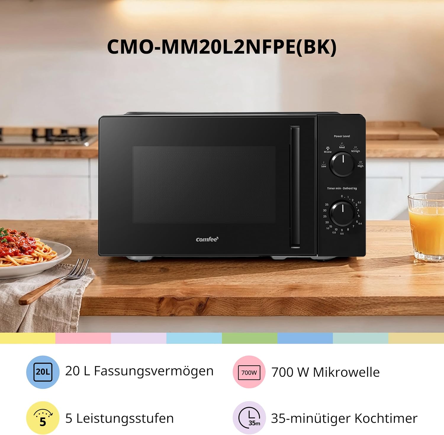COMFEE Mikrowelle CMO-MM20L2NFPE(BK), Schwarz, 20 Liter, 700 W, 5 Leistungsstufen, schnelles Auftauen, einfache Reinigung, manueller Timer, kompaktes Design, ideal für kleine Küchen – Bild 2