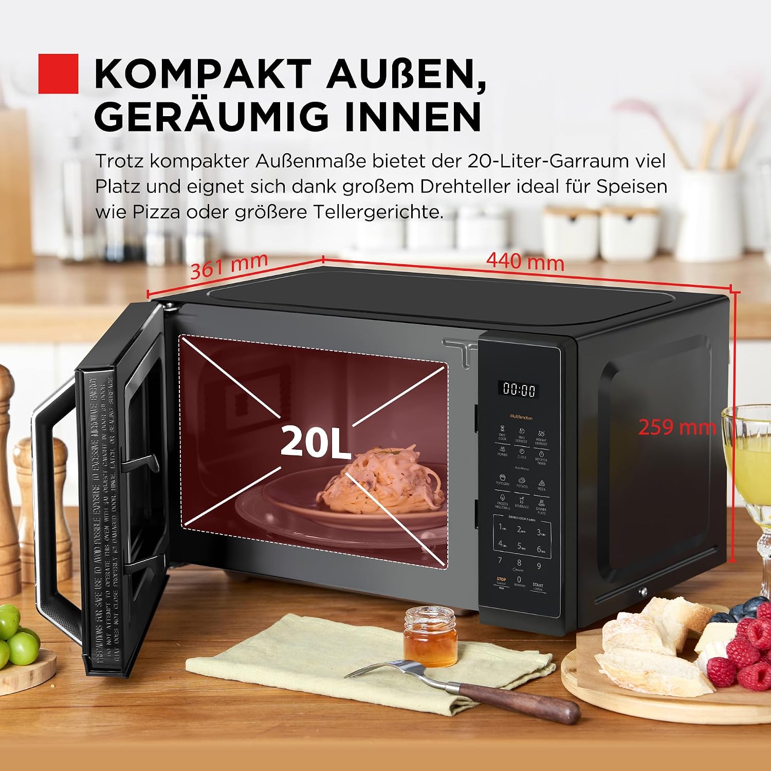 Toshiba Multifunktions-Mikrowelle in Spiegelschwarz, 20 Liter, 800 W, digitale Solo-Kleinmikrowelle mit 11 Leistungsstufen, 6 Automatikprogrammen, Express-Kochfunktion, Auftauen, MW3-EM20PE(BM) – Bild 4