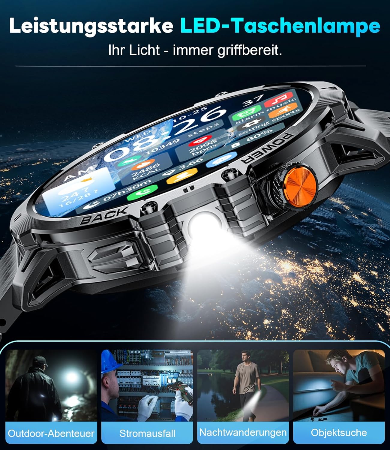 LIGE Militär-Smartwatch für Herren – 1400 mAh/1,85 Zoll HD großer Touchscreen/LED-Licht, Fitnessuhr mit über 110 Sportmodi, Herz-/Schlaf-Tracking, 2 Armbänder, IP68 wasserdicht, Sportuhr für iOS – Bild 3