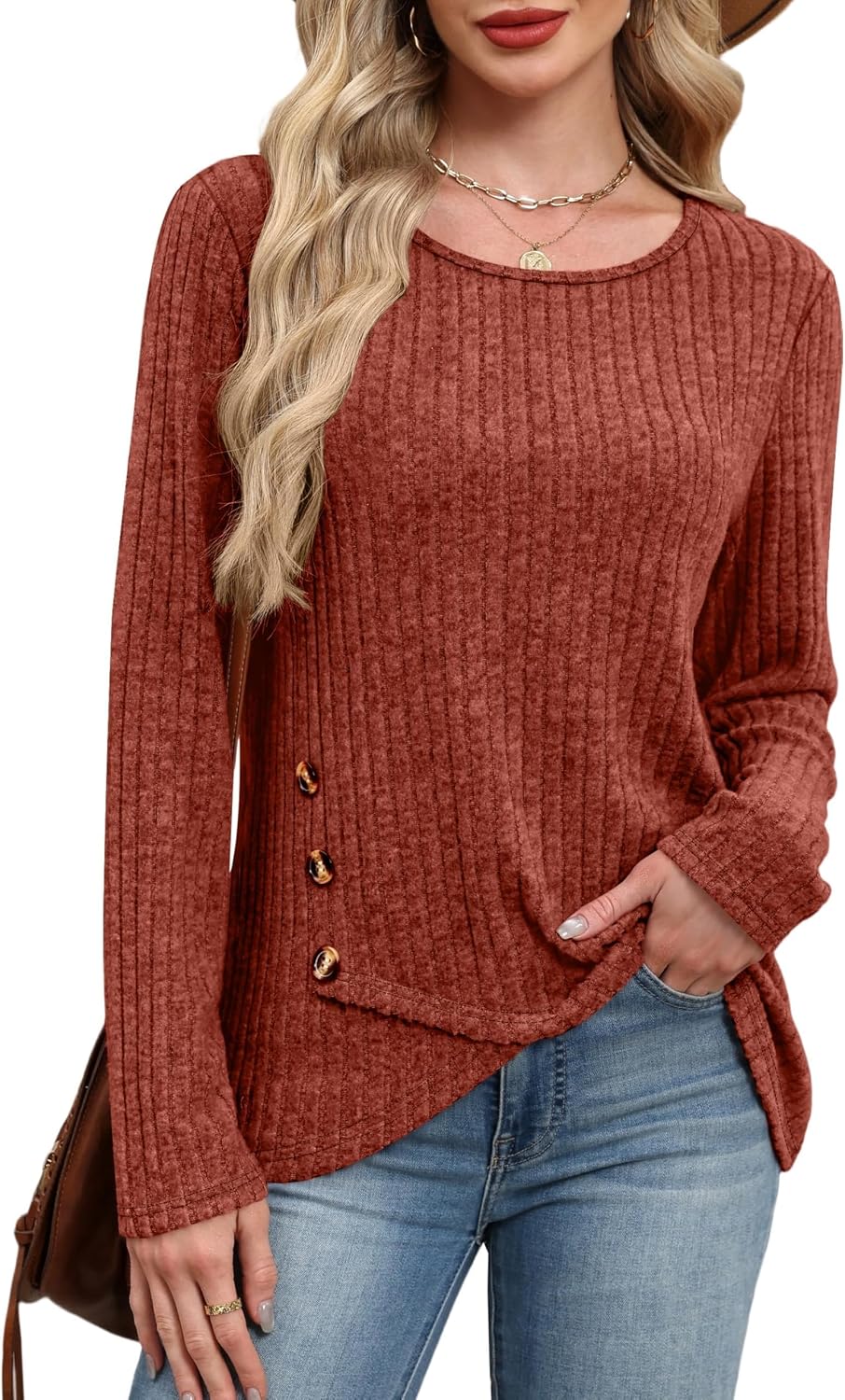 TrendiMax Leichter Strickpullover für Damen, Rundhalsausschnitt, Langarm-Oberteile, lässiger Pullover mit Knopfdetail, Herbst-Tunika-Oberteile – Bild 4