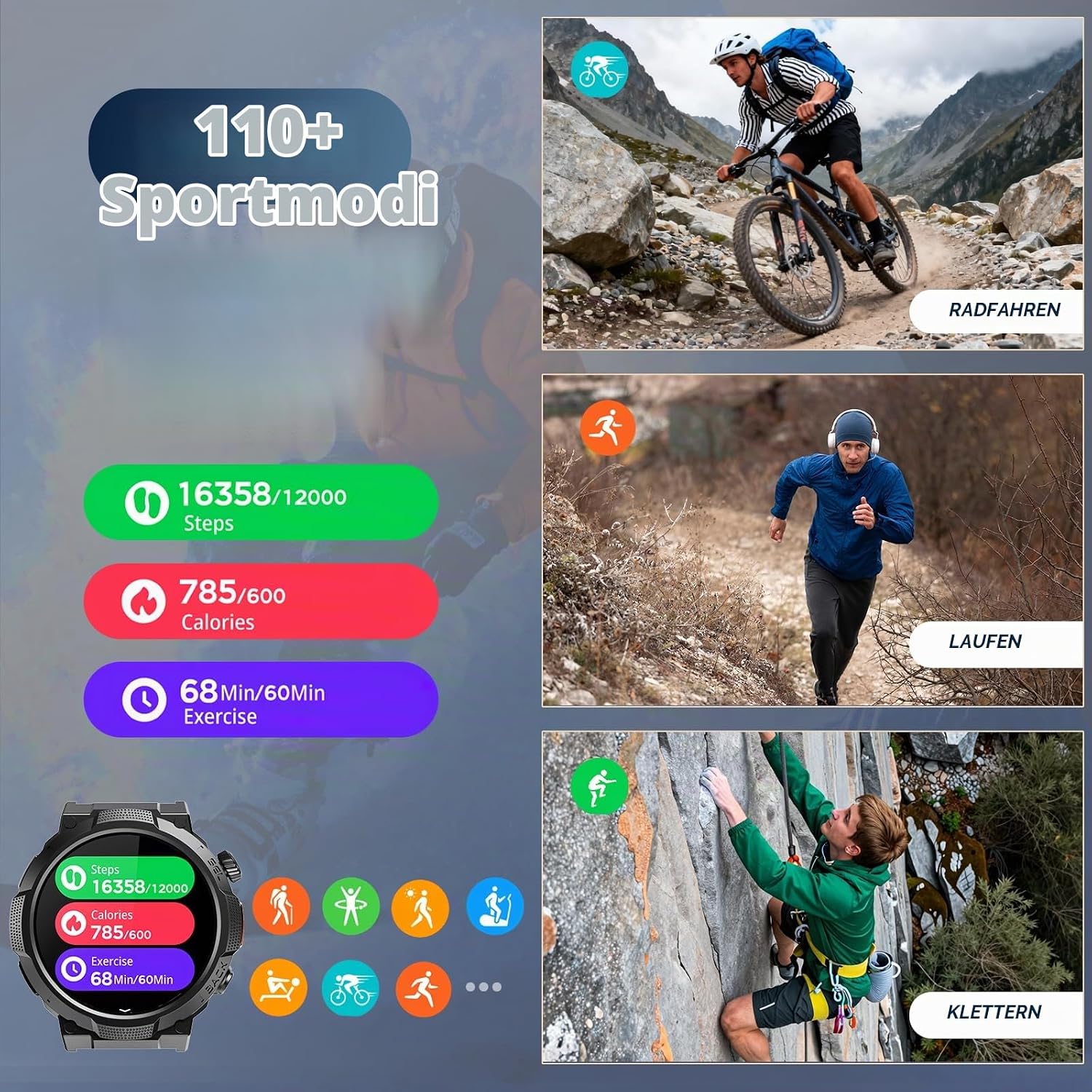 Soudorv Herren Smartwatch 1000 mAh Smartwatch mit Telefonfunktion, Militär – Bild 5