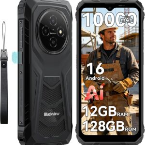 Blackview Android 16 Outdoor-Smartphone, 10000 mAh Outdoor-Handy ohne Vertrag 12 GB + 128 GB/2 TB, Gemini AI 6,56 Zoll 90 Hz Baustellenhandy, NFC/FOTA/390 g/drei Kartenfächer