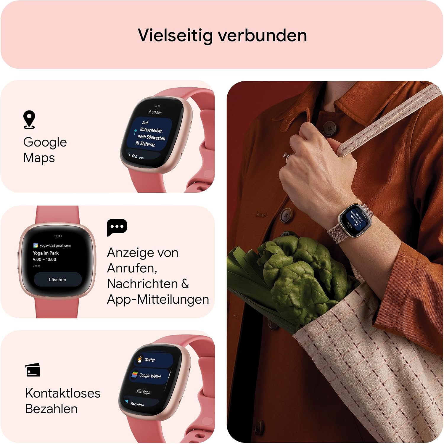 Fitbit Google Versa 4 Smartwatch Fitness-Tracker, inklusive 3-monatiger Google Health Premium-Mitgliedschaft, 6 Tage Akkulaufzeit – kompatibel mit Android/iOS, Sandrosa/Aluminium in Kupferrosa – Bild 5