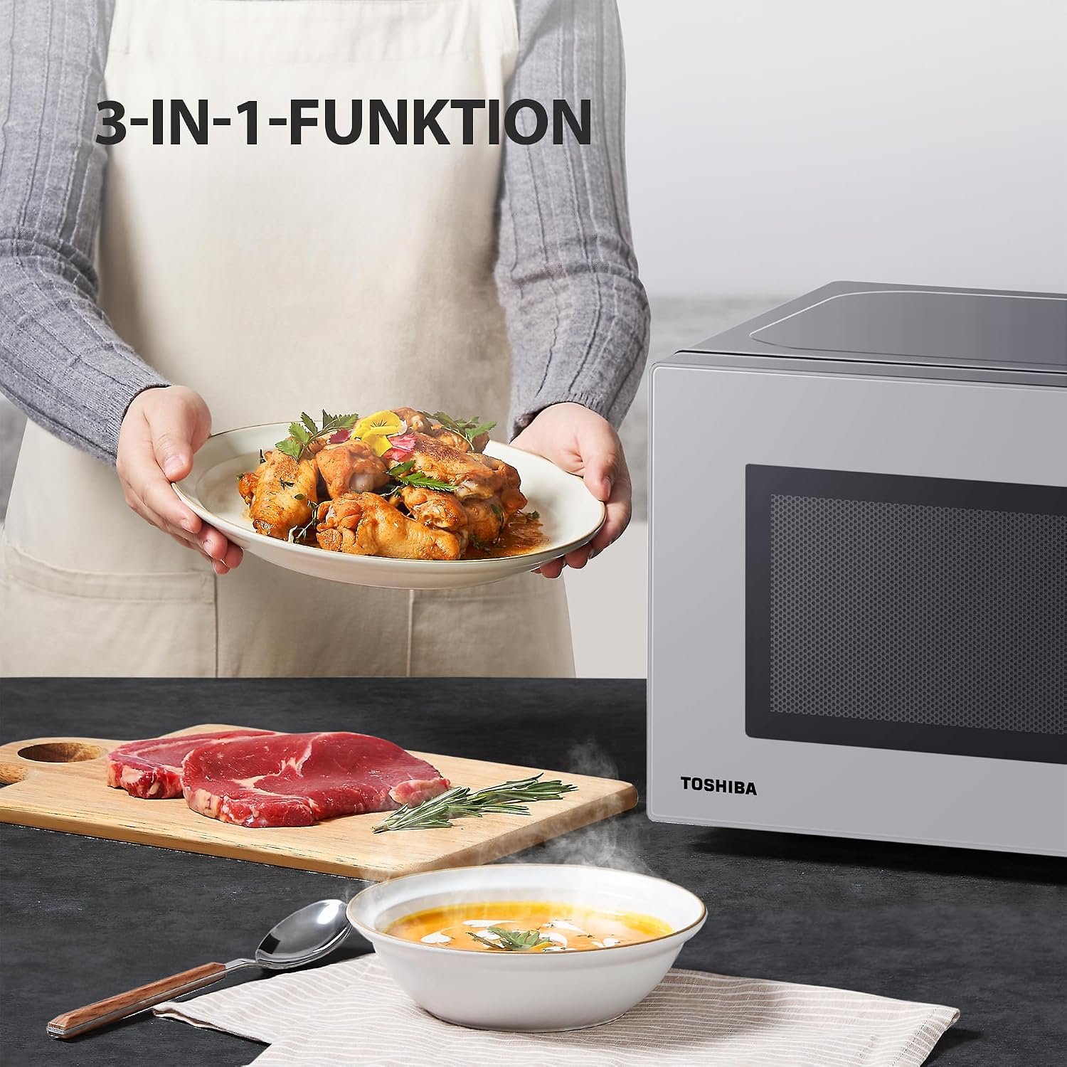 Toshiba Solo Mikrowelle 20L MW2-MM20PF(SL), freistehende Mikrowelle, 800 W, 5 Leistungsstufen mit praktischer Auftaufunktion, LED-Beleuchtung für den Innenbereich, Silber – Bild 5