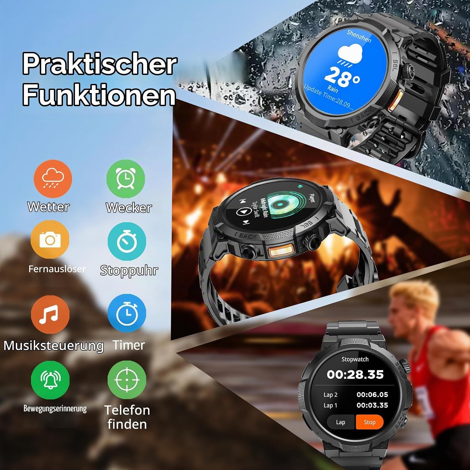 Soudorv Herren Smartwatch 1000 mAh Smartwatch mit Telefonfunktion, Militär – Bild 7
