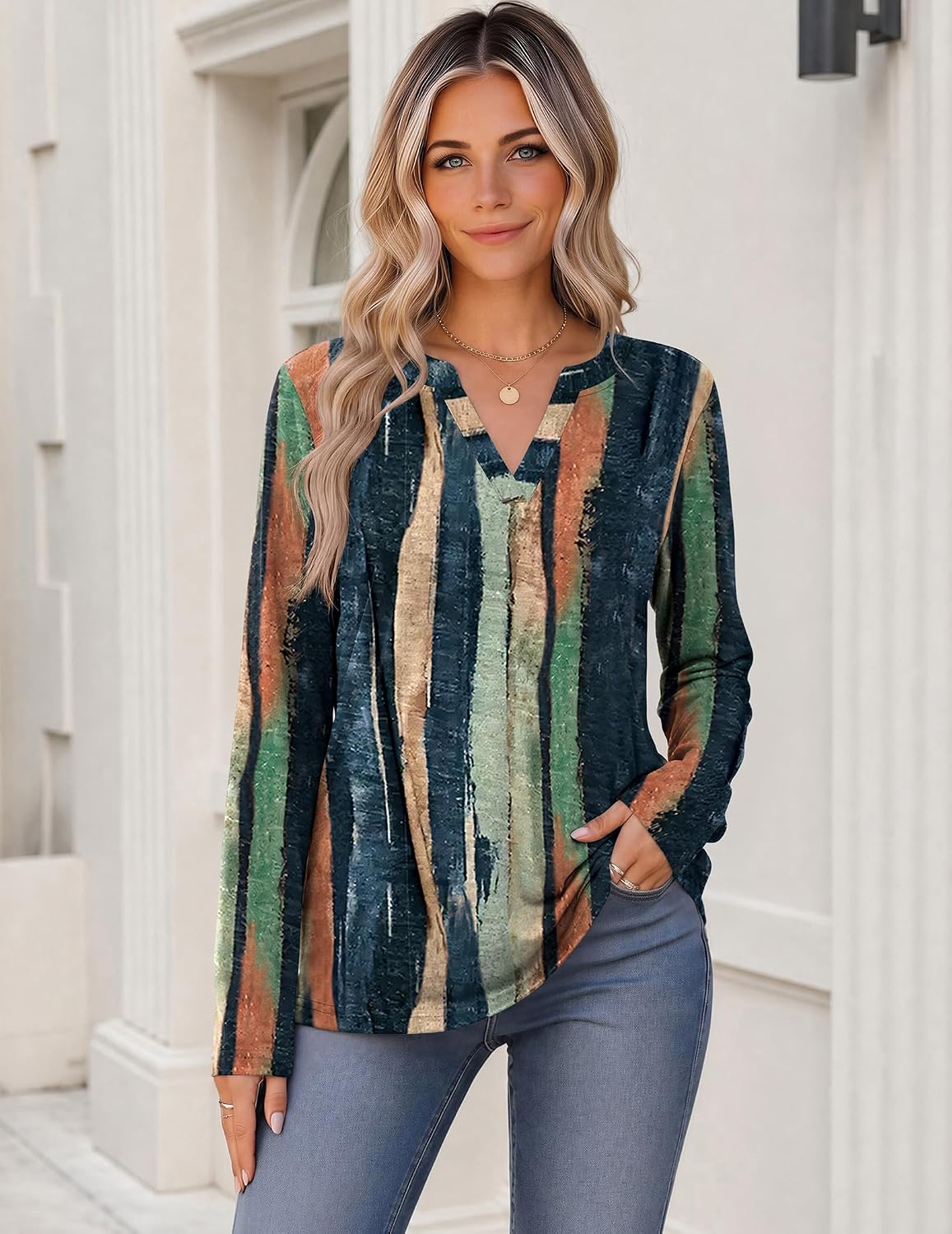 Zeagoo Langarm Damen Elegant V-Ausschnitt T-Shirt Basic Loose Tops – Bild 3