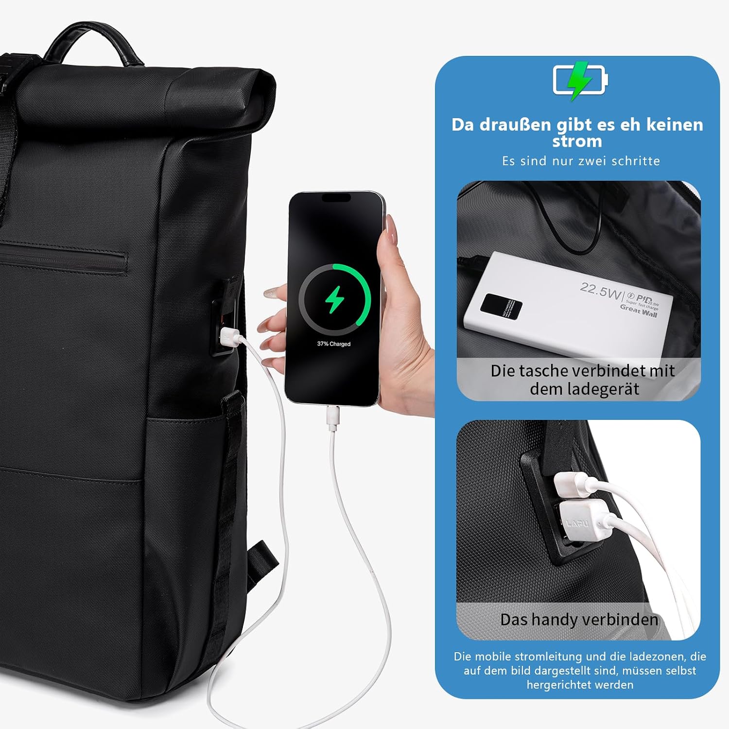 Rolltop Rucksack Herren Wasserdichter Laptop Rucksack 16 Zoll – Bild 9