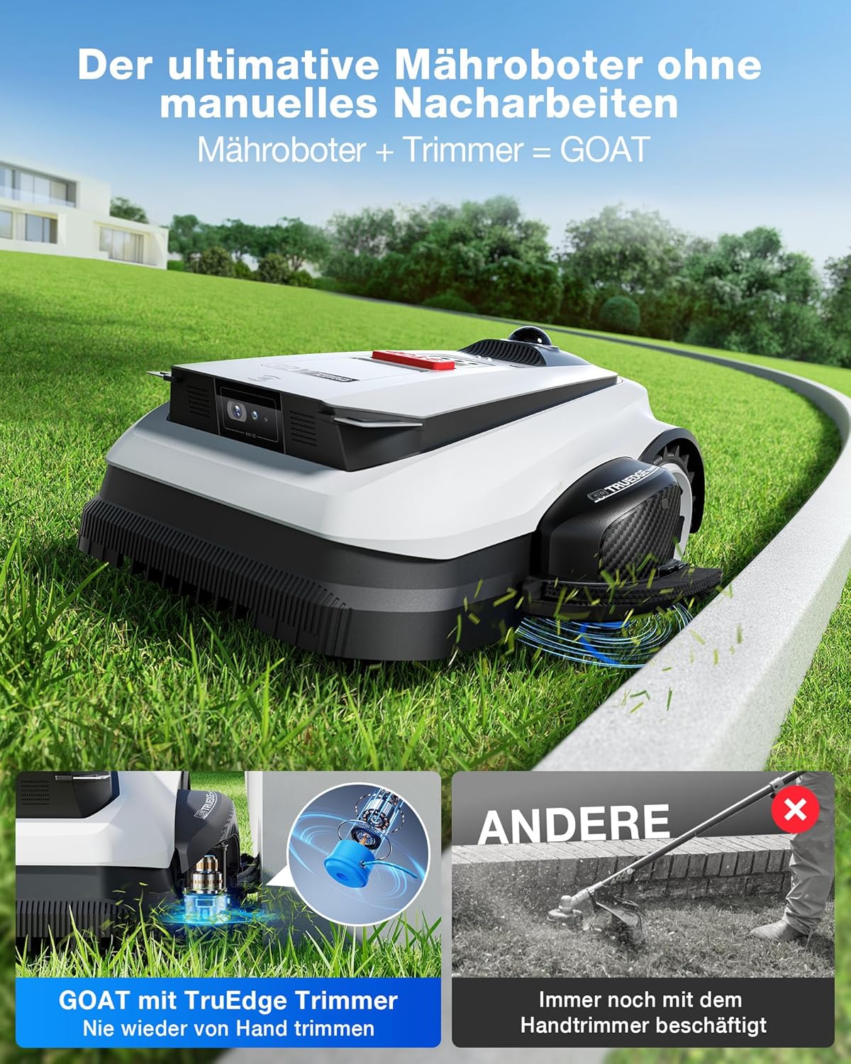 ECOVACS GOAT A1600 LiDAR PRO Care Kit Roboter-Rasenmäher ohne Begrenzungskabel, 1.600 m², 360° Dual-LiDAR-Navigation, automatische Kartierung, KI-3D-Hindernisvermeidung, superschnelles Laden, 50 % Steigung – Bild 3