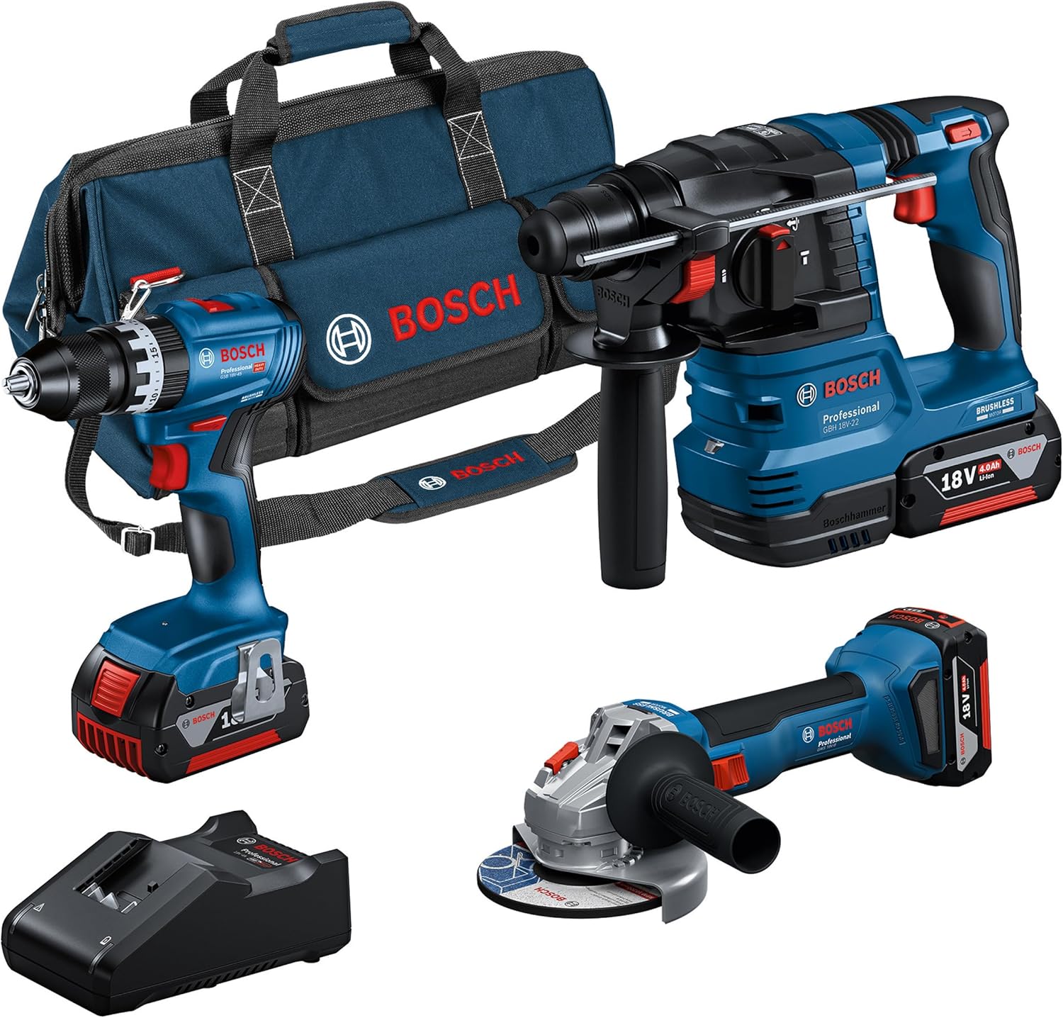 Bosch Professional 18V-System-Akku-Kombi-Set: GSB 18V-45 + GBH 18V-22 + GWS 18V-8 (einschließlich 3x GBA 4,0 Ah, GAL 18V-40, Werkzeugtasche) – exklusiv bei Amazon