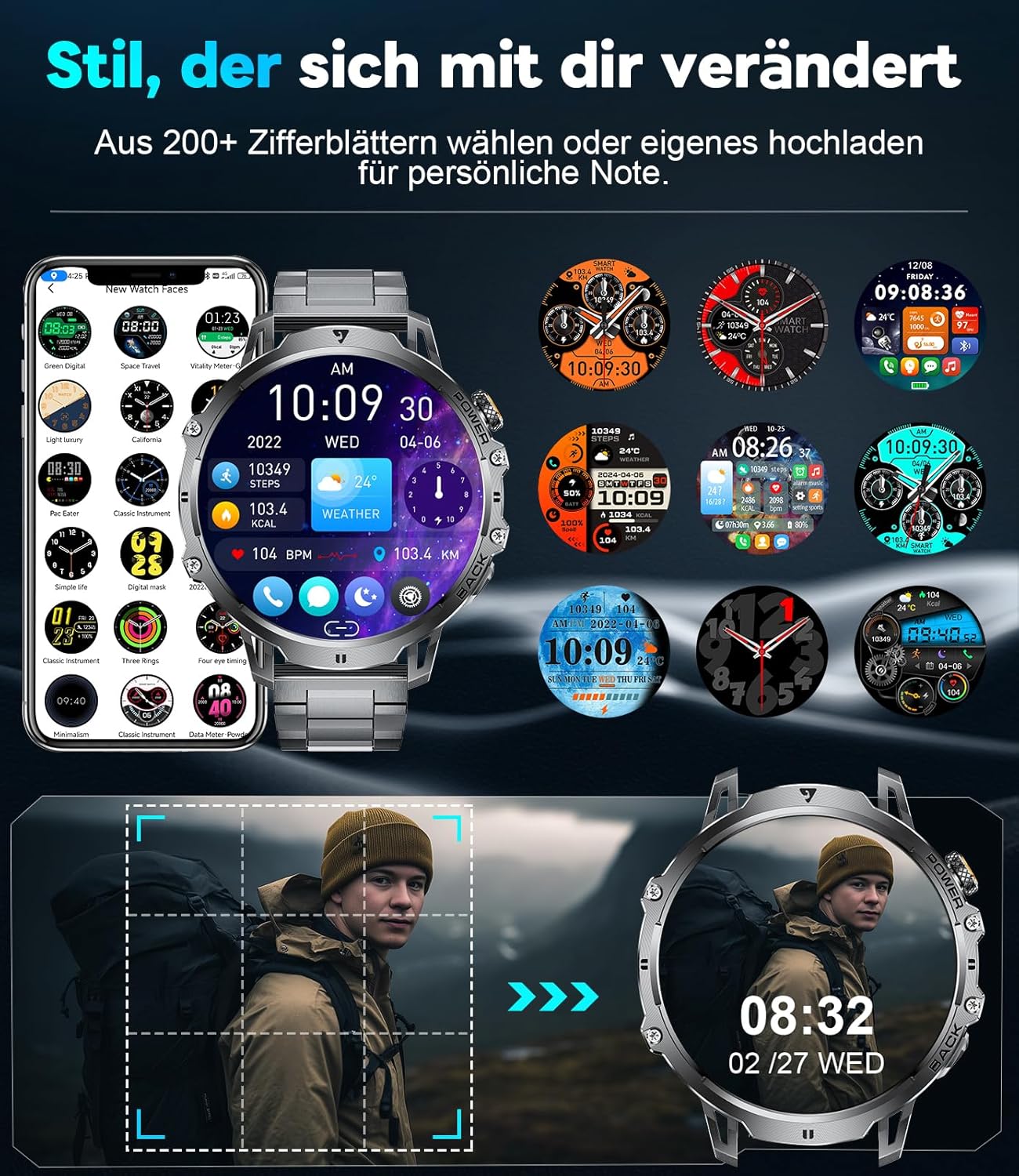 LIGE Militär-Smartwatch für Herren – 1400 mAh/1,85 Zoll HD großer Touchscreen/LED-Licht, Fitnessuhr mit über 110 Sportmodi, Herz-/Schlaf-Tracking, 2 Armbänder, IP68 wasserdicht, Sportuhr für iOS – Bild 6