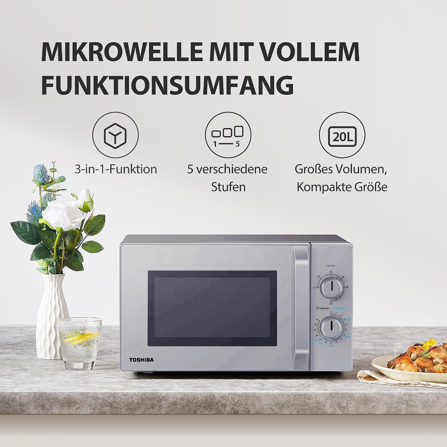 Toshiba Solo Mikrowelle 20L MW2-MM20PF(SL), freistehende Mikrowelle, 800 W, 5 Leistungsstufen mit praktischer Auftaufunktion, LED-Beleuchtung für den Innenbereich, Silber – Bild 3