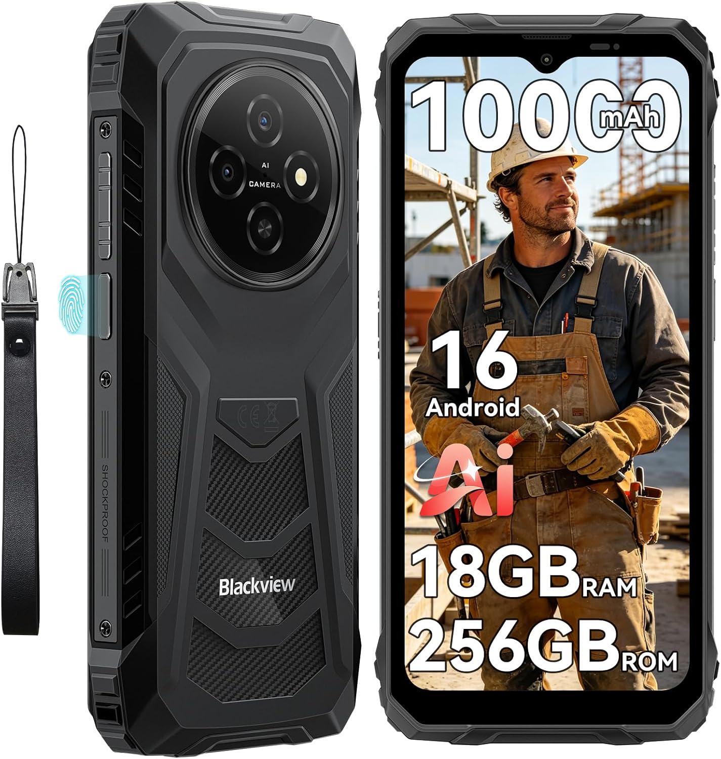Blackview Outdoor Handy ohne Vertrag, 10000 mAh Akku Android 16 Smartphone, IP68/IP69K Baustellenhandy, 18GB RAM + 256GB ROM, 6,56 Zoll 90Hz Display, Dual SIM, NFC, OTG, GPS, 3 Jahre Herstellerschutz