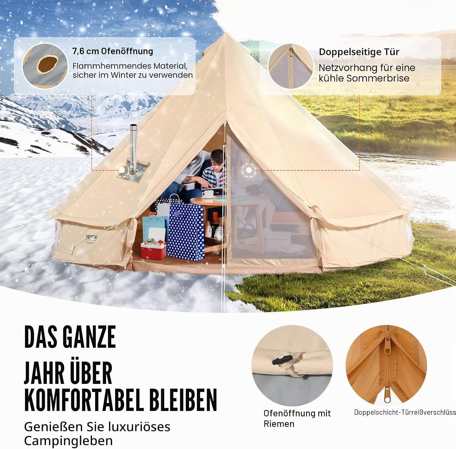 VEVOR Zeltglocke aus Segeltuch, Jurte 4 Jahreszeiten für Camping mit Herdwagenheber, atmungsaktiv hält bis zu 4 Personen, Familiencamping Outdoor Jagd Party – Bild 3