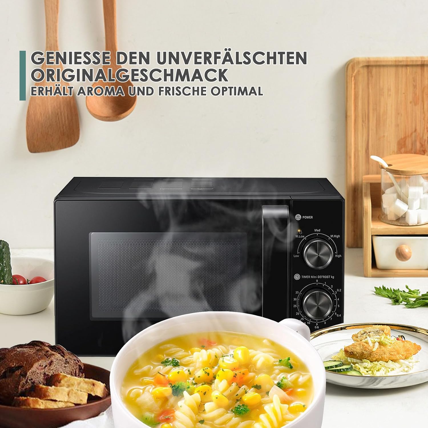 Solo Mikrowelle 20 L, 700 W, Mikrowellengerät mit Drehteller für gleichmäßige Wärmeverteilung, zum Auftauen und Erhitzen, einfache Bedienung, 5 Leistungsstufen, schwarz – Bild 2