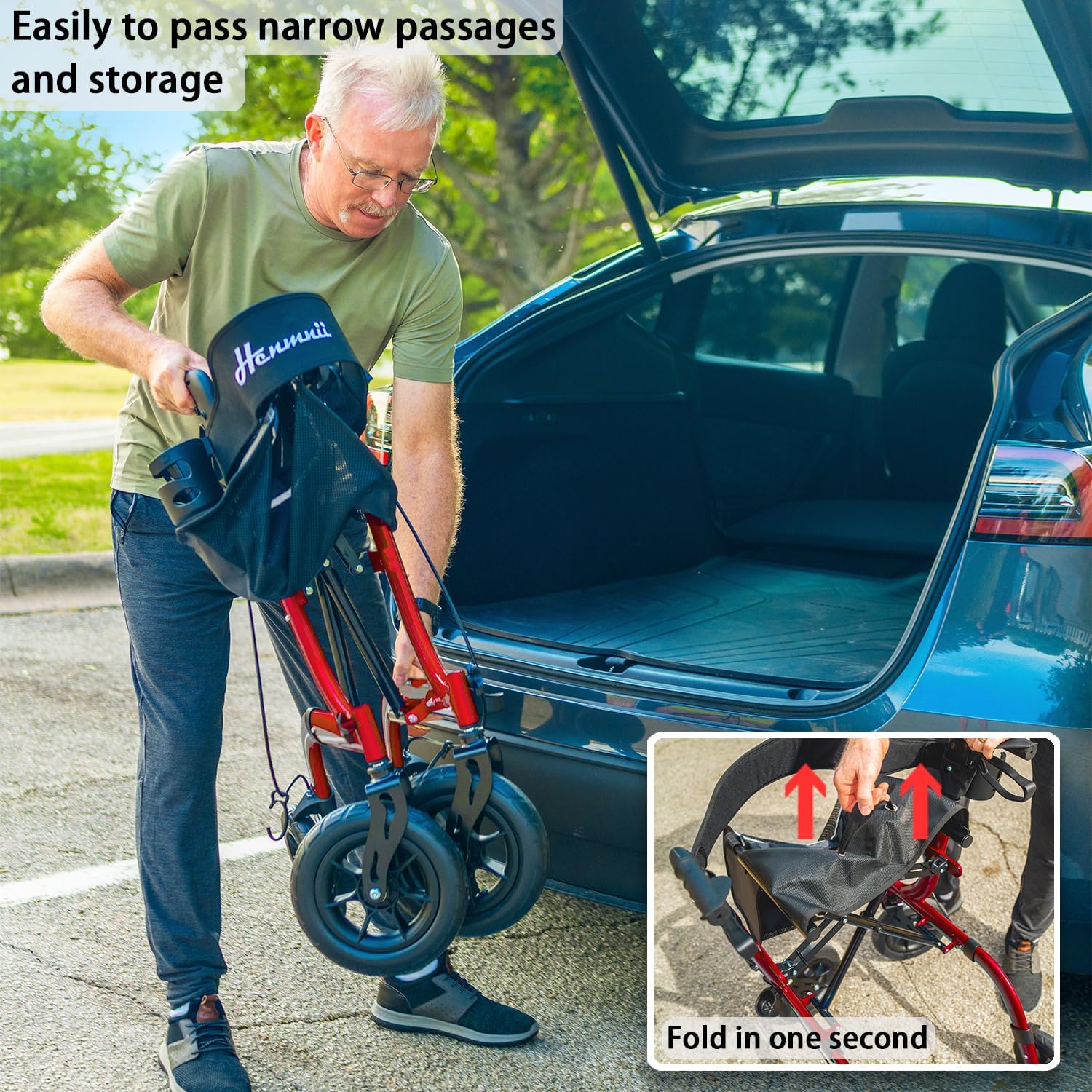 Klappbarer Rollator mit Sitzpolster, Einkaufstasche und Stockhalter – höhenverstellbar, leicht und schlank für Senioren – Gehhilfe mit Bremse, 10 Zoll/8 Zoll All-Terrain-Räder, Aluminium, Schwarz (Rot) – Bild 6
