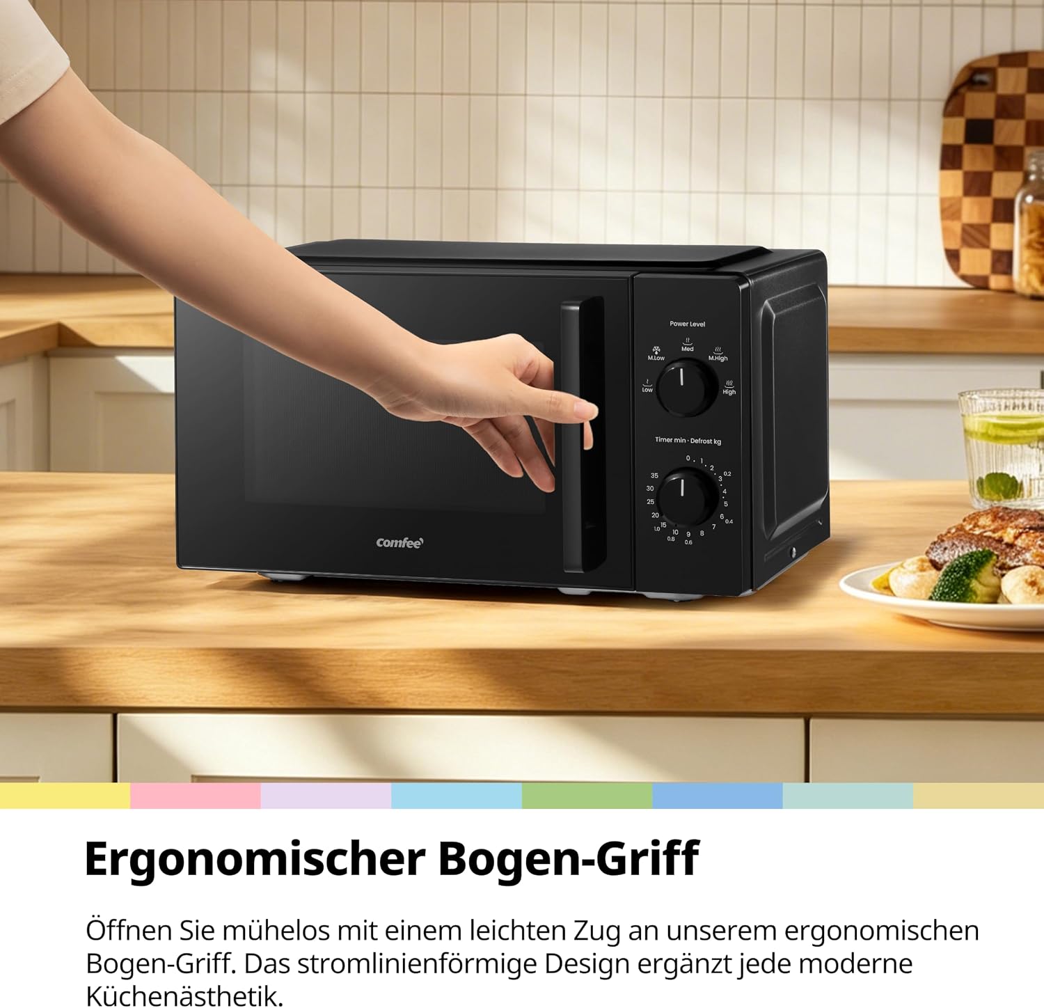 COMFEE Mikrowelle CMO-MM20L2NFPE(BK), Schwarz, 20 Liter, 700 W, 5 Leistungsstufen, schnelles Auftauen, einfache Reinigung, manueller Timer, kompaktes Design, ideal für kleine Küchen – Bild 8