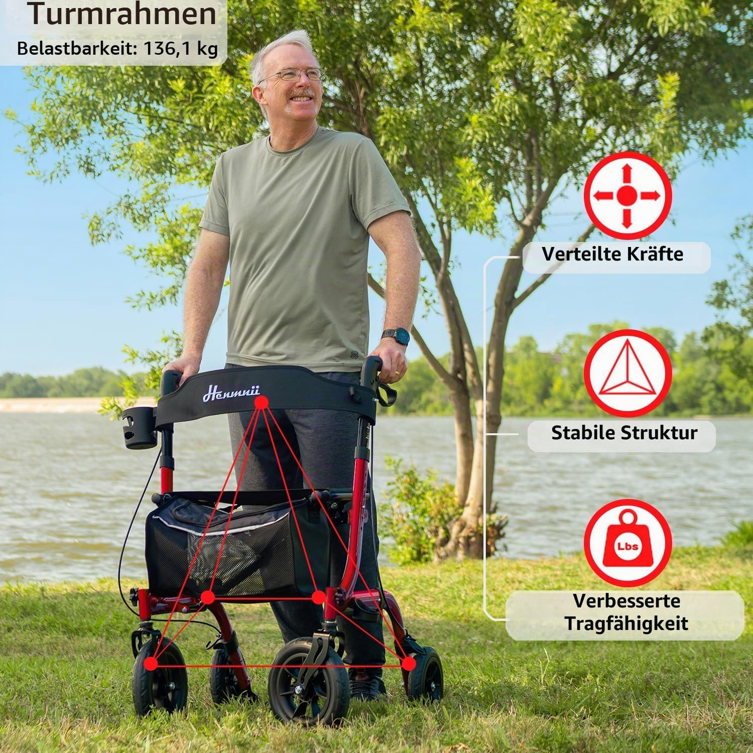 Klappbarer Rollator mit Sitzpolster, Einkaufstasche und Stockhalter – höhenverstellbar, leicht und schlank für Senioren – Gehhilfe mit Bremse, 10 Zoll/8 Zoll All-Terrain-Räder, Aluminium, Schwarz (Rot) – Bild 5