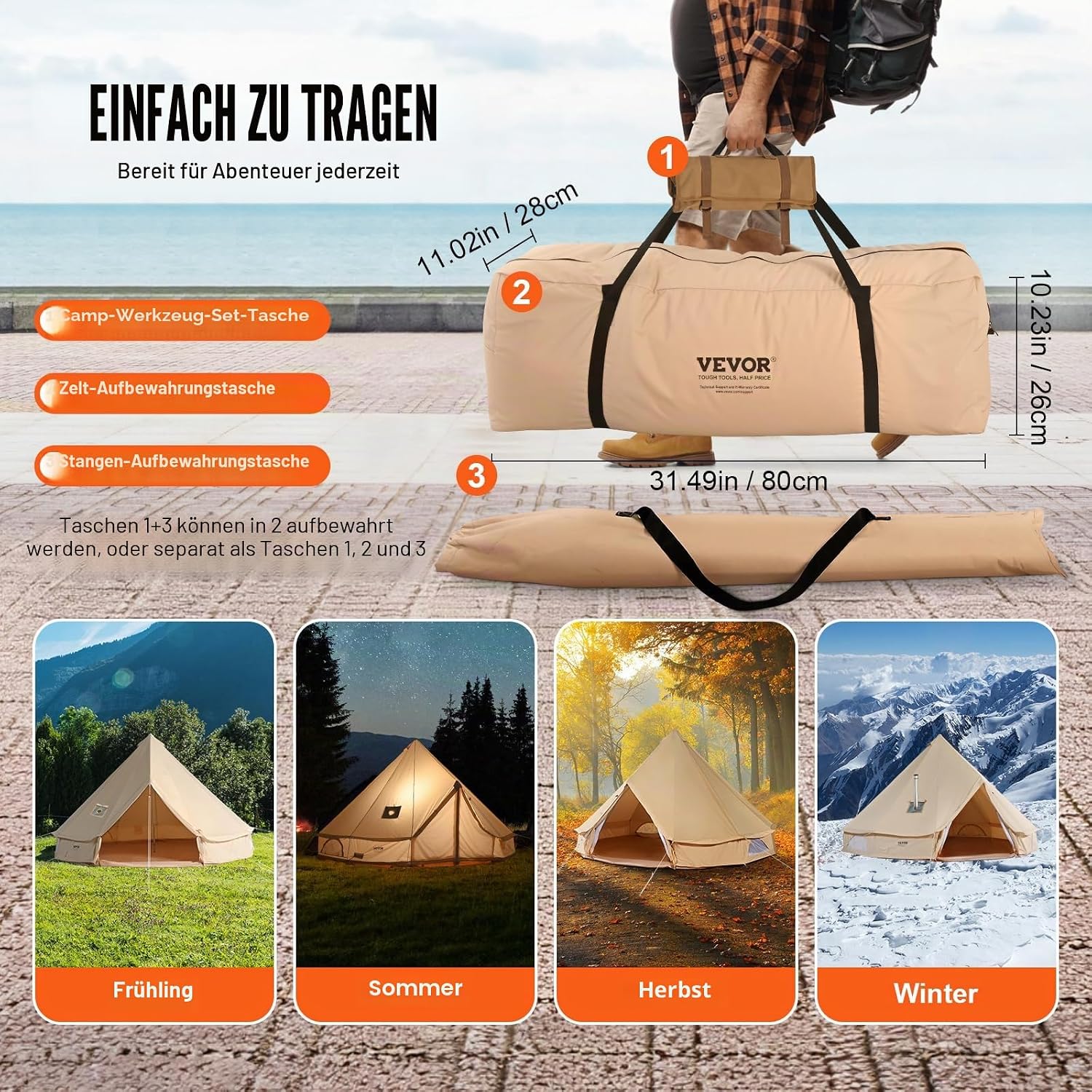 VEVOR Zeltglocke aus Segeltuch, Jurte 4 Jahreszeiten für Camping mit Herdwagenheber, atmungsaktiv hält bis zu 4 Personen, Familiencamping Outdoor Jagd Party – Bild 7