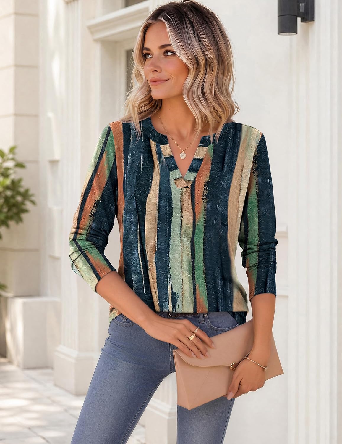Zeagoo Langarm Damen Elegant V-Ausschnitt T-Shirt Basic Loose Tops – Bild 4