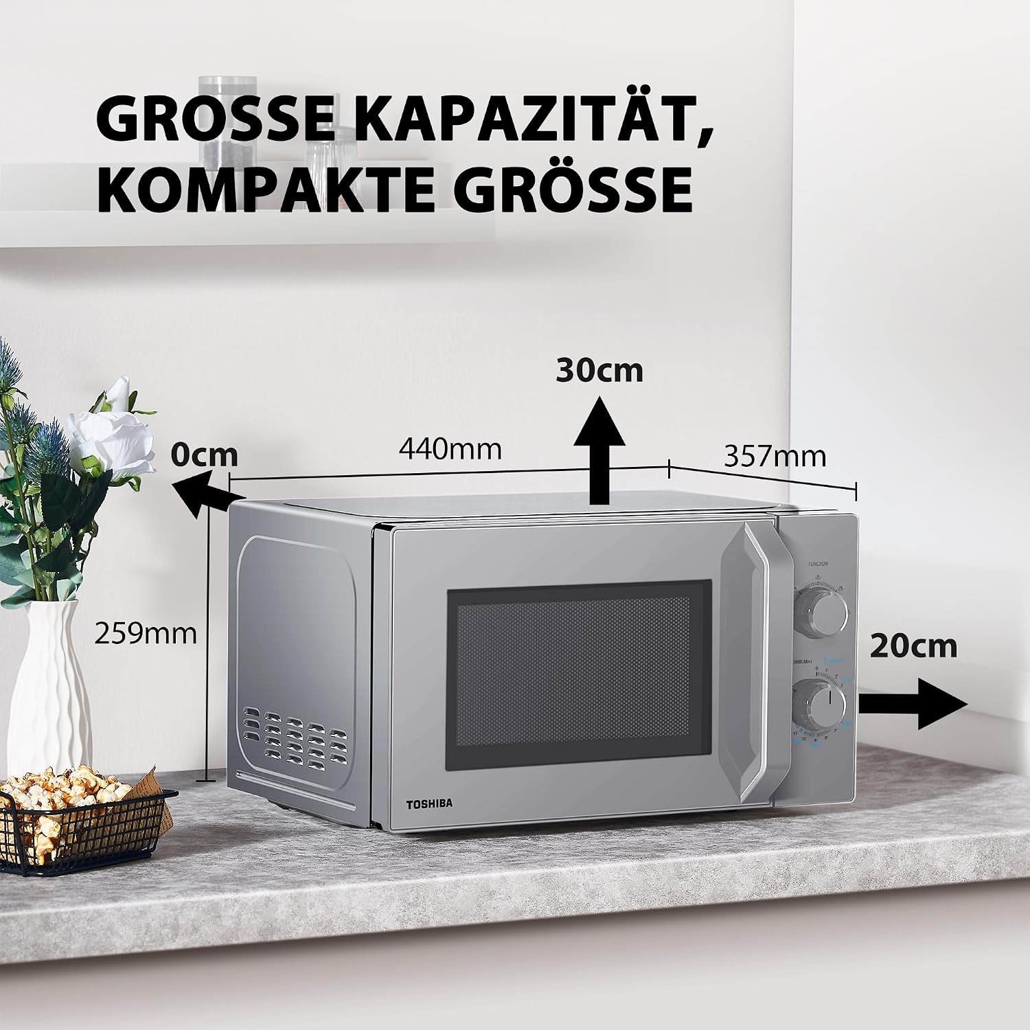 Toshiba Solo Mikrowelle 20L MW2-MM20PF(SL), freistehende Mikrowelle, 800 W, 5 Leistungsstufen mit praktischer Auftaufunktion, LED-Beleuchtung für den Innenbereich, Silber – Bild 6