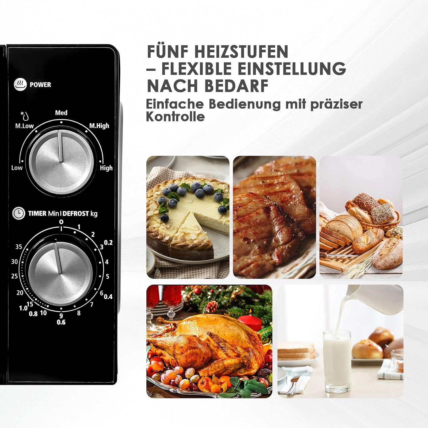 Solo Mikrowelle 20 L, 700 W, Mikrowellengerät mit Drehteller für gleichmäßige Wärmeverteilung, zum Auftauen und Erhitzen, einfache Bedienung, 5 Leistungsstufen, schwarz – Bild 5