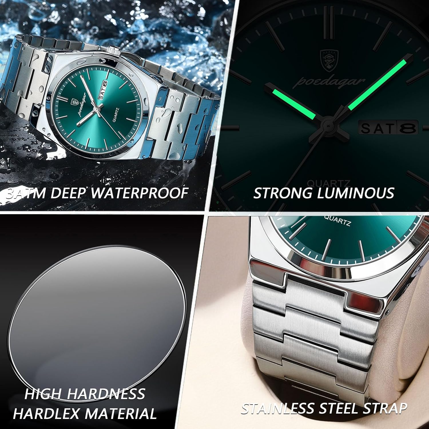 Poedagar Herren-Quarzuhr, wasserdicht, leuchtend, Datum, Woche, modisch, Business, klassische Uhren, Edelstahl, Herrenuhr – Bild 4