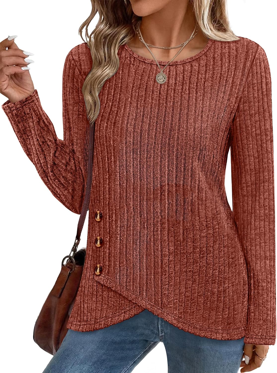 TrendiMax Leichter Strickpullover für Damen, Rundhalsausschnitt, Langarm-Oberteile, lässiger Pullover mit Knopfdetail, Herbst-Tunika-Oberteile – Bild 2